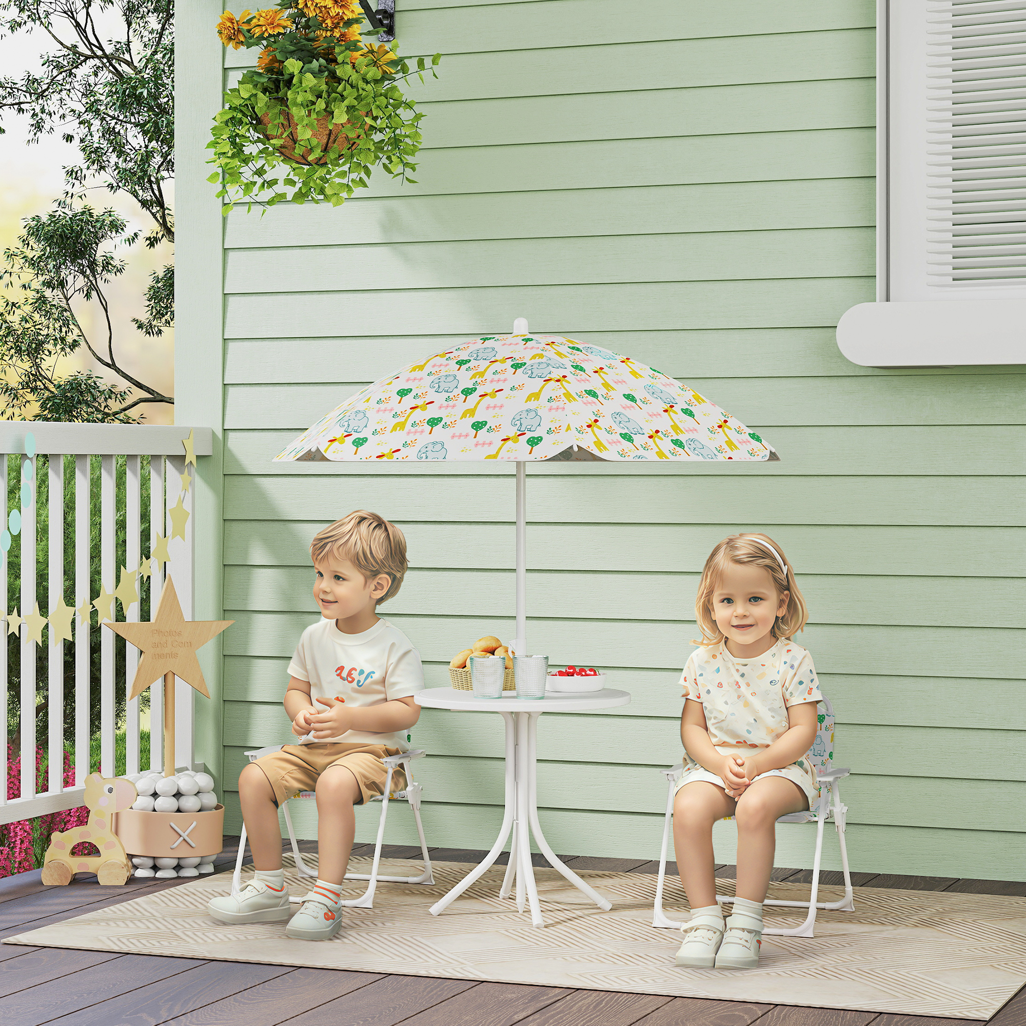 AIYAPLAY Kinder-Sitzecke, Klappstuhl-Sitz-Set mit Sonnenschirm, Buntes Muster, Weiß