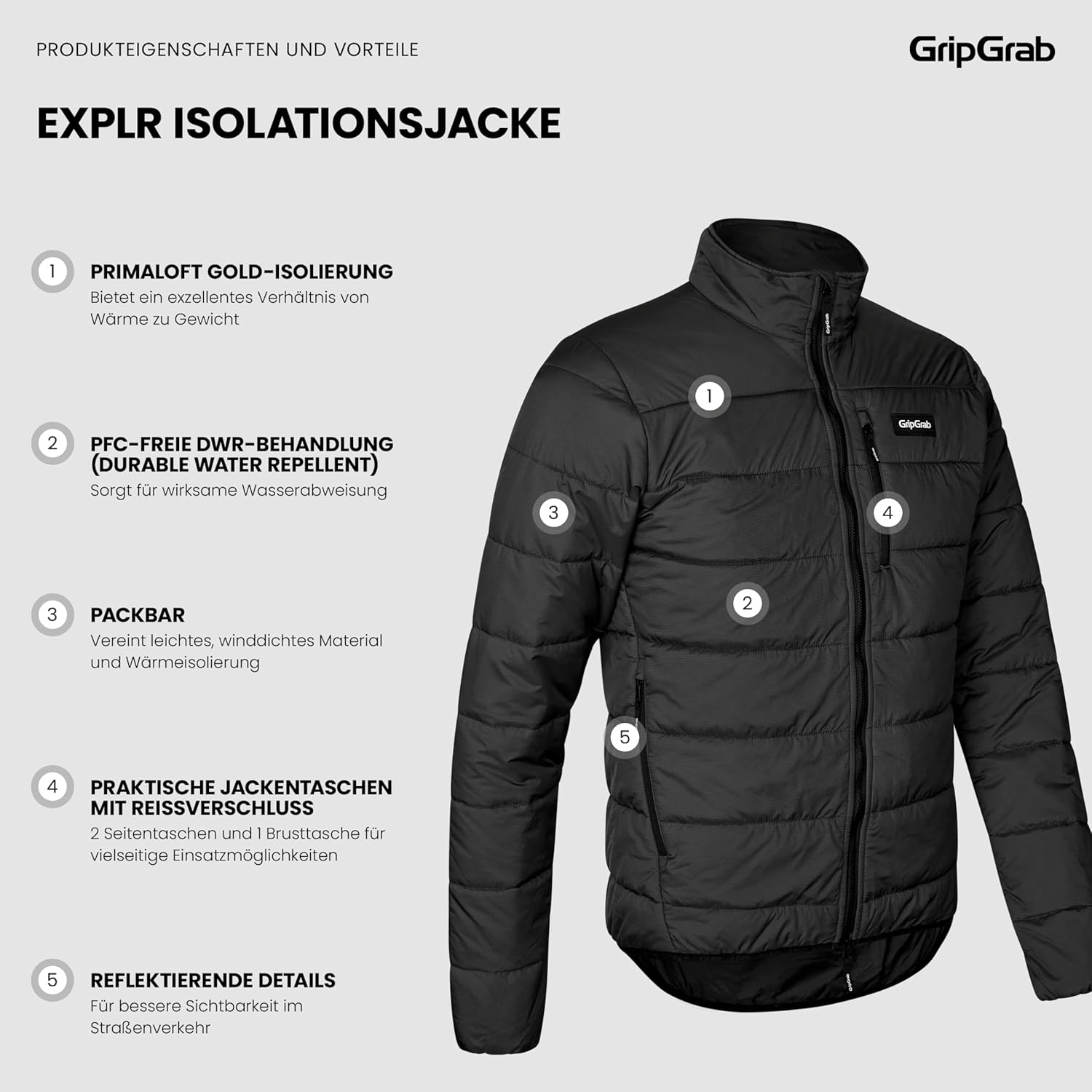 GripGrab EXPLR Fahrrad Isolationsjacke Herren PrimaLoft Jacke Winter Fahrradjacke Bikepacking Winddicht Thermo Pufferjacke