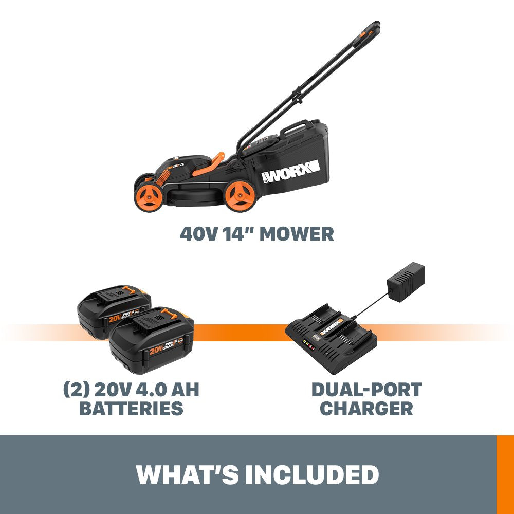 Worx 40V Cordless Lawn Mower 14&prime;&prime; with Intellicut, Mulching, 2x20V 4.0Ah Batteries and Charger Included