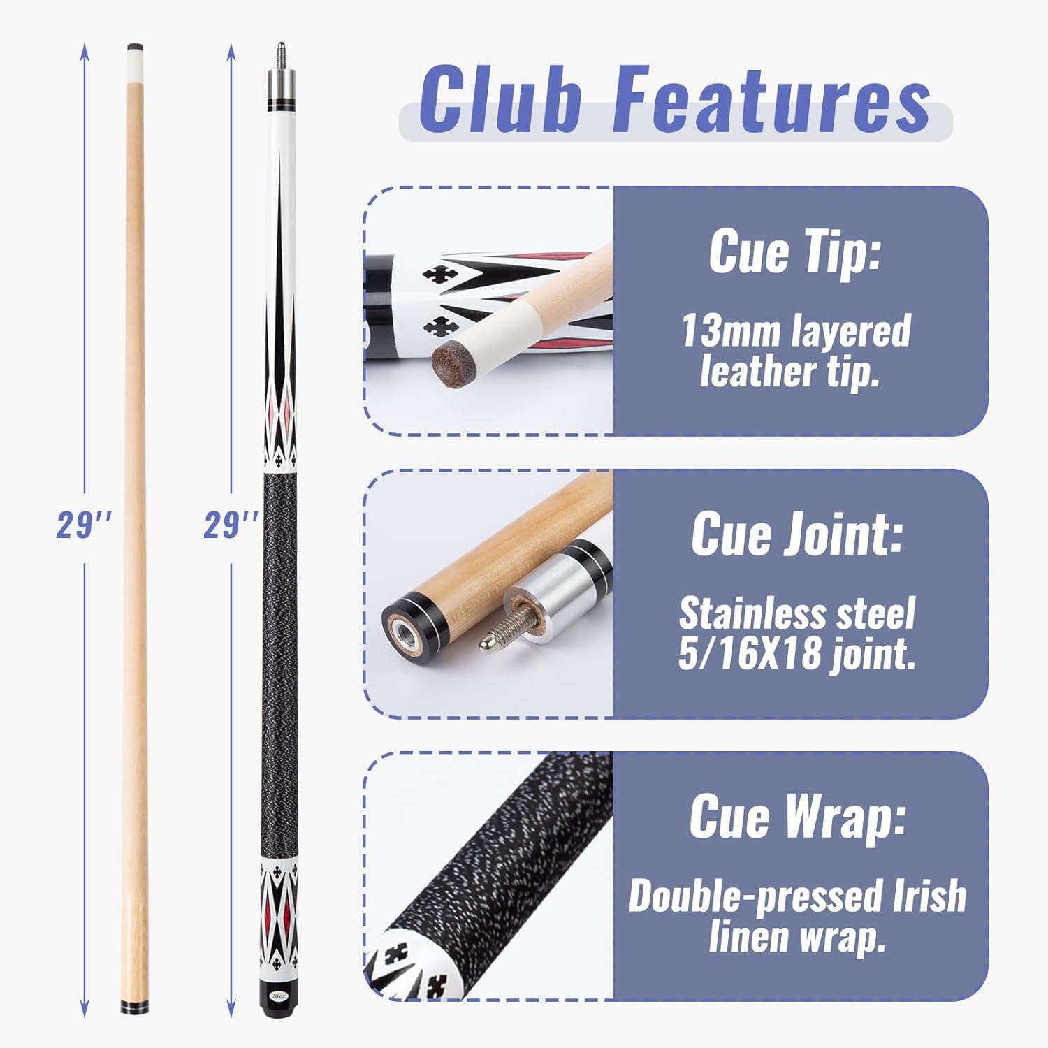 Sinsilvie 13mm 58 Pollici 19 20 Once Stecche Biliardo Pool,1/2 Maple Pool Cue Stick,Bastone da Biliardo da Bar per Uomini e Donne.