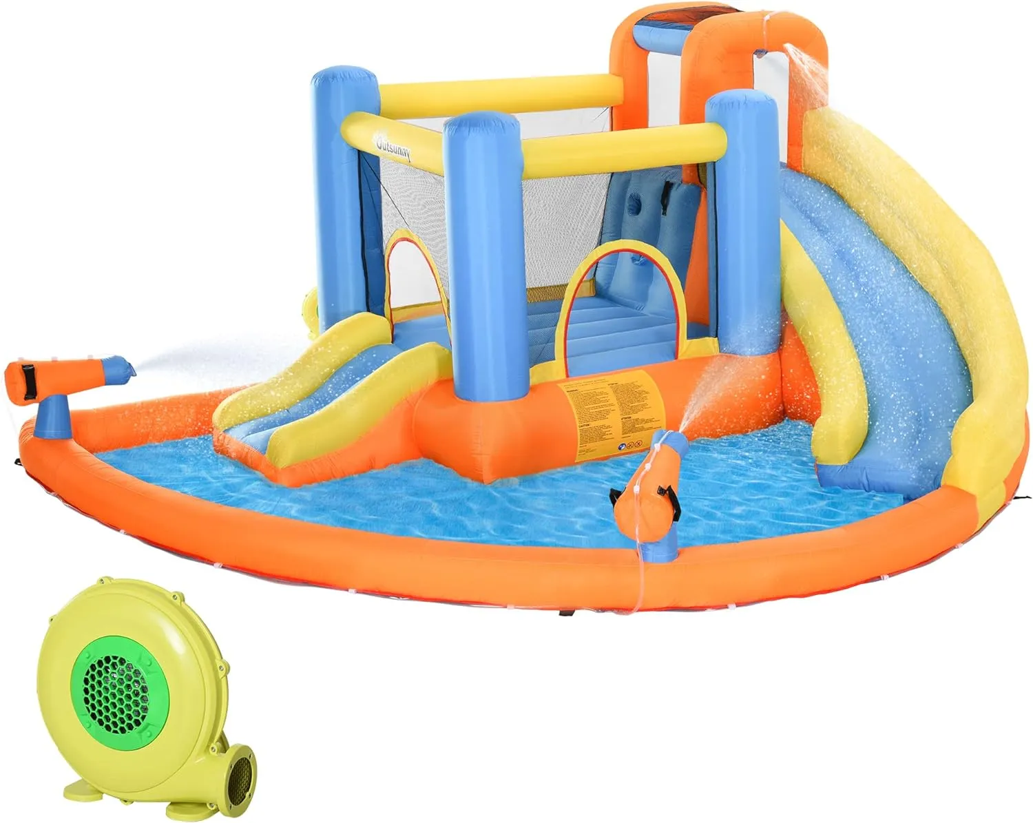 Kids Inflatable Water Slide 5 in 1 Bounce House Water Park Jumping Castle with Water Pool, Slide, Climbing Walls, & 2 Water Cannons, 450W Air Blower