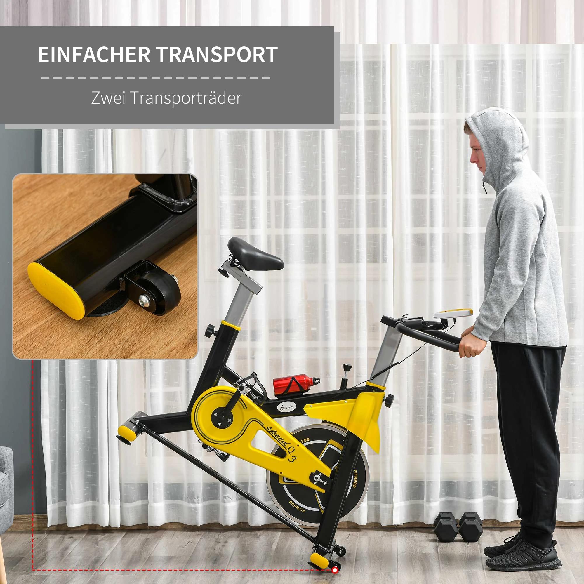 fietstrainer in hoogte verstelbare hometrainer fitness fiets rollertrainer met riemaandrijving LCD display staal ABS geel + zwart 50 x 100 x 101-113 cm