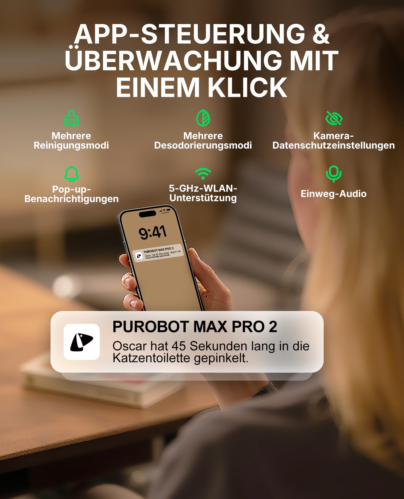 Selbstreinigende Katzentoilette PUROBOT Max Pro 2 mit KI-Kamera und Mehrkatzen-Erkennung, für große Katzen