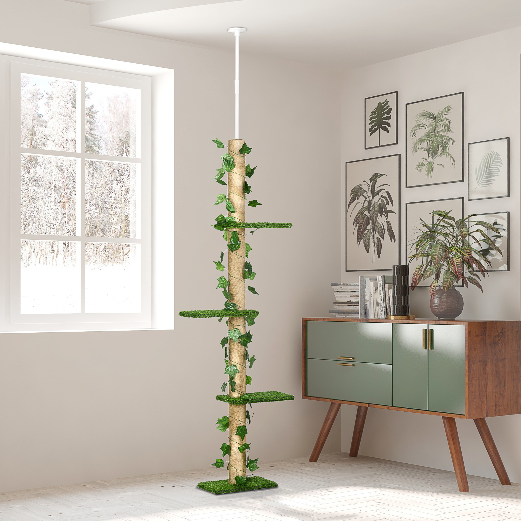 PawHut Kratzbaum höhenverstellbar 202-242 cm, rutschfest, Juteseil-Pfosten, Spanplatte, Grün/Gelb