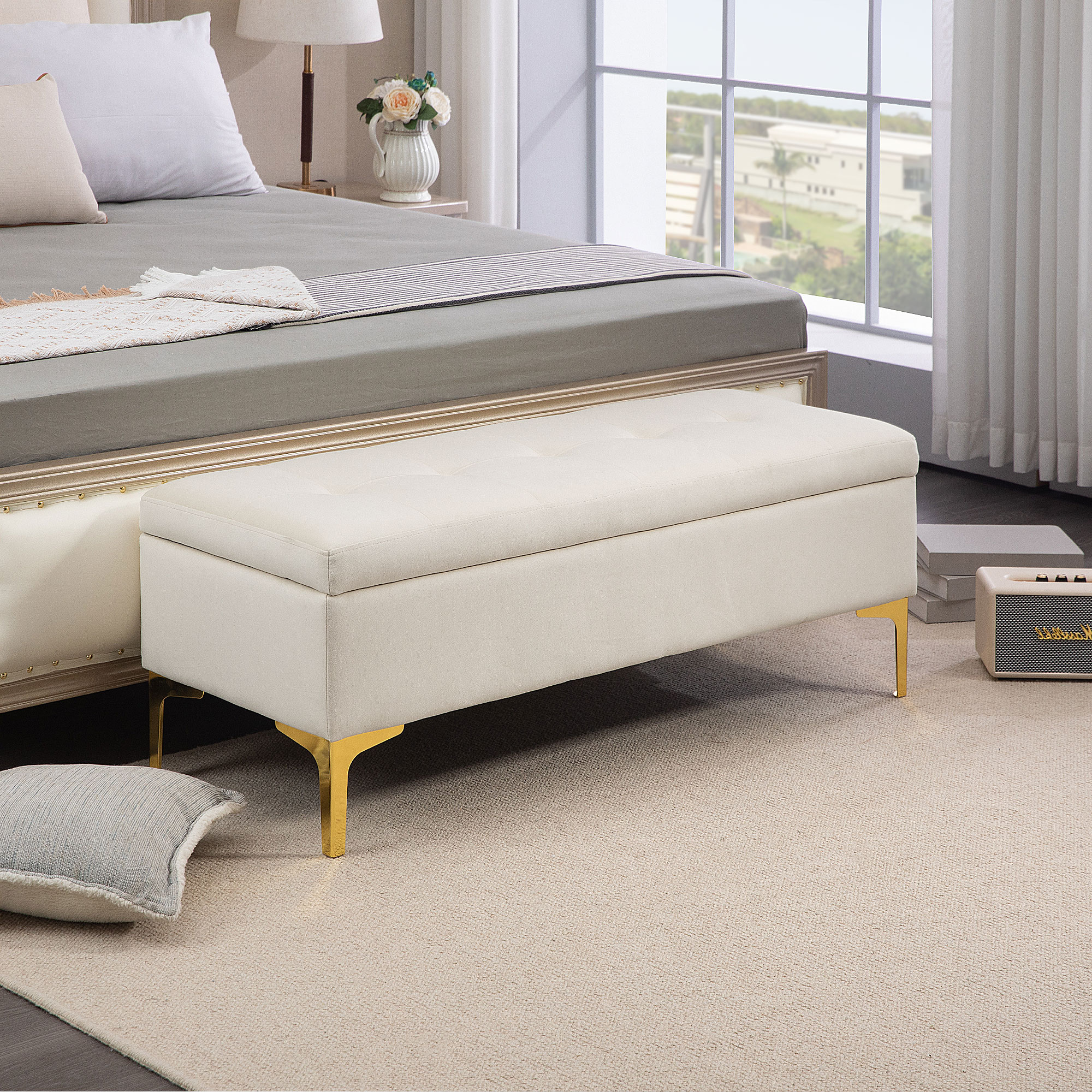HOMCOM Sitzbank mit Stauraum, belastbar bis 120kg, 120x44x44,5cm, Beige