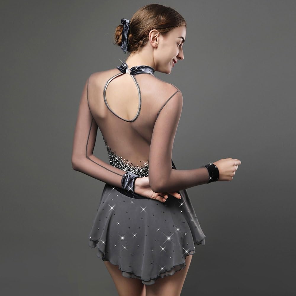 Eiskunstlauf Kleid Frauen Mädchen Eislaufen Kleid Grau Open Back Hohe Elastizität-Training Skating Wear Fest Farbigen Strass Langarm Ice