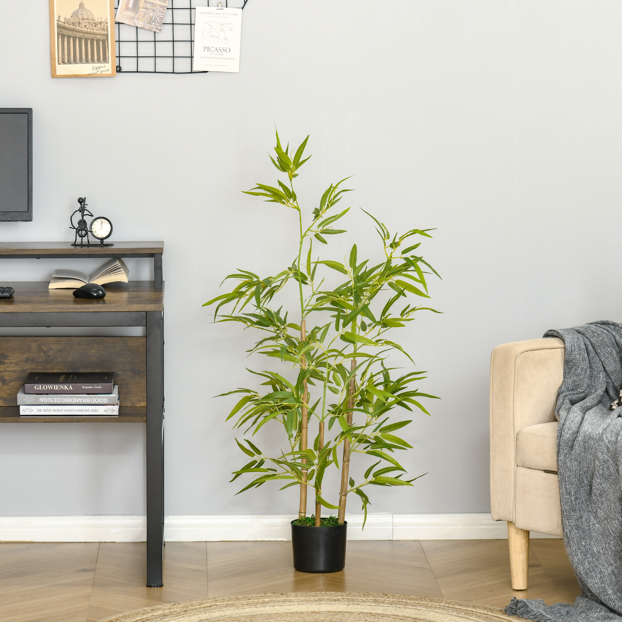 HOMCOM Künstliche Bambus Pflanze Hoch 120 cm mit Topf für Innen- und Außenbereich, Grün