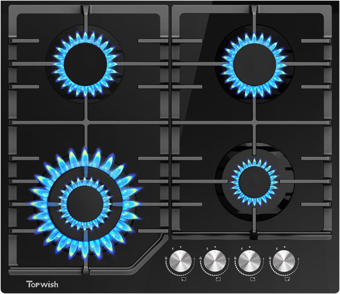 TOPWISH piano cottura 2 fuochi gas incasso, piano cottura gas 2 fuochi, 30 cm Piano cottura con protezione automatica della fiamma, NG/LPG convertibile, 4750W