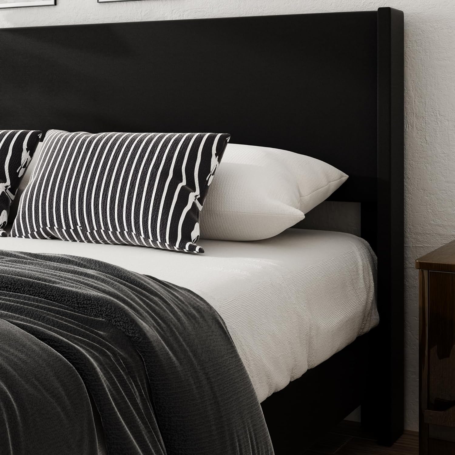 Queen Bed Frame with Faux Leather Upholstered Headboard, Wear-Resistant, Easy Clean, Mattress Foundation, No Box Spring Required, Easy Assembly, Black