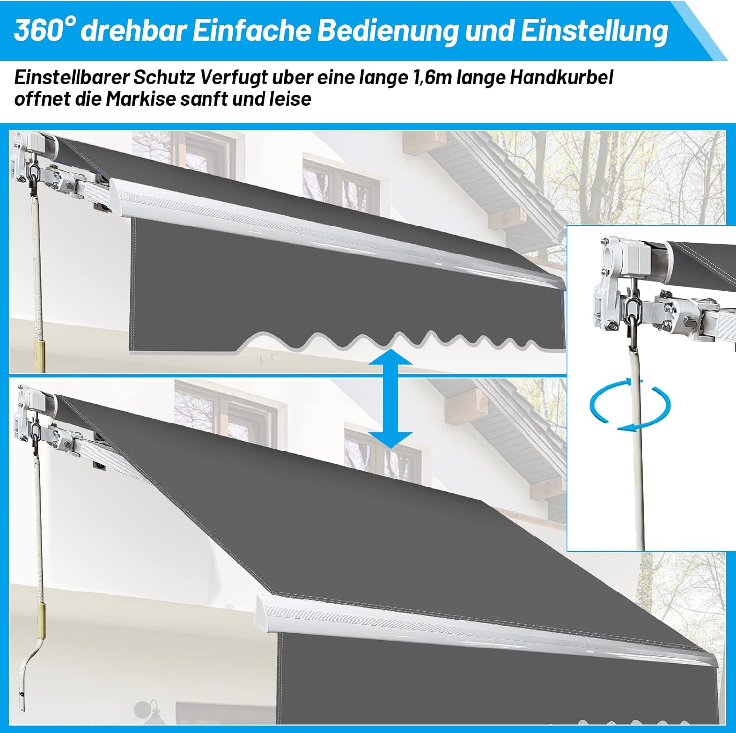 Gelenkarmmarkise Markise, 350x300cm Einziehbare Markise mit Handkurbel, Sonnenschutz Wasserschutz, Winkel einstellbar bis 30 Grad, Erfordert Montage inkl. Wandhalterung, Grau