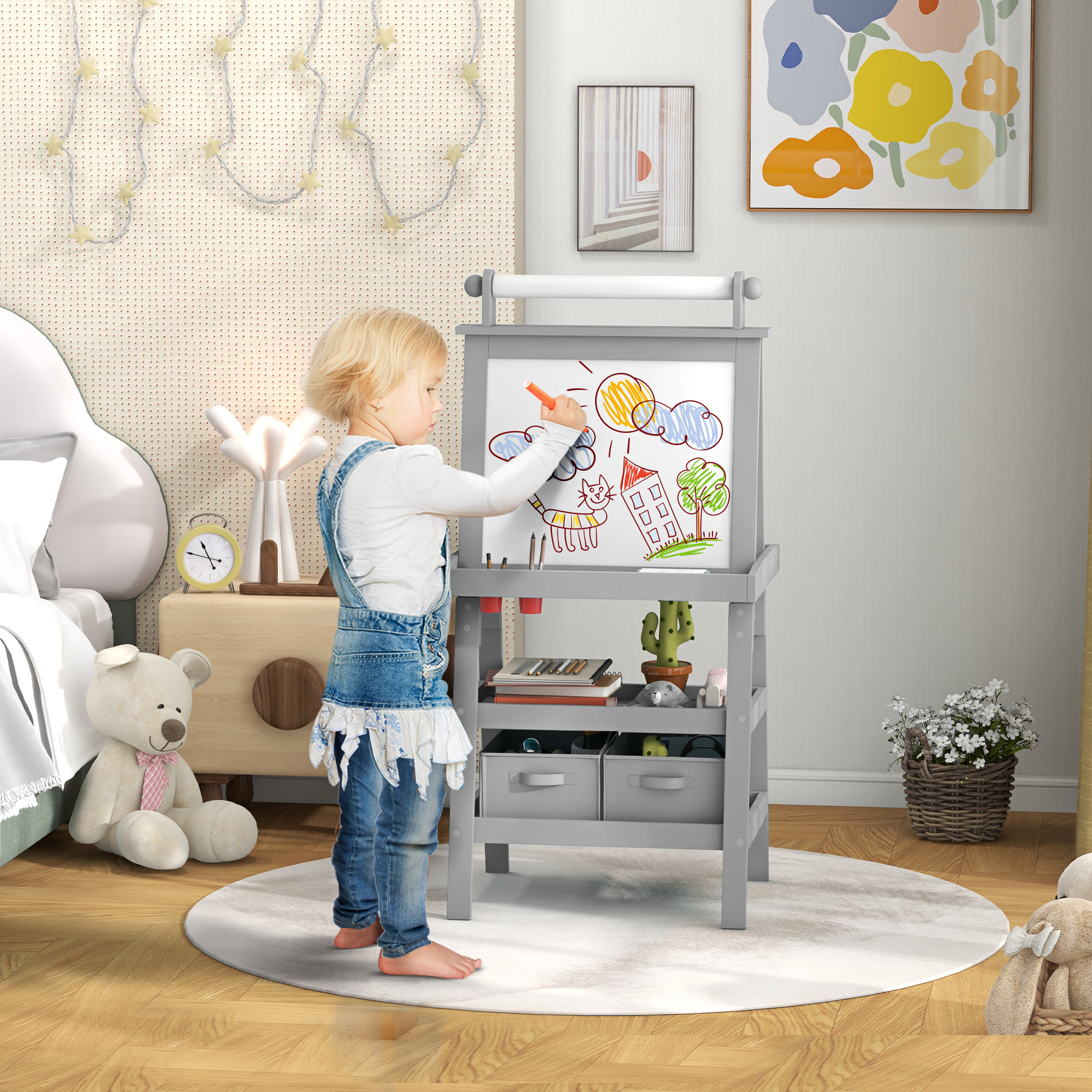 AIYAPLAY Kinderklappstaffelei 3 in 1 mit magnetischer weißer Tafel, Kreidetafel, Papierrolle, 2 Körben, 3-6 Jahre, Grau