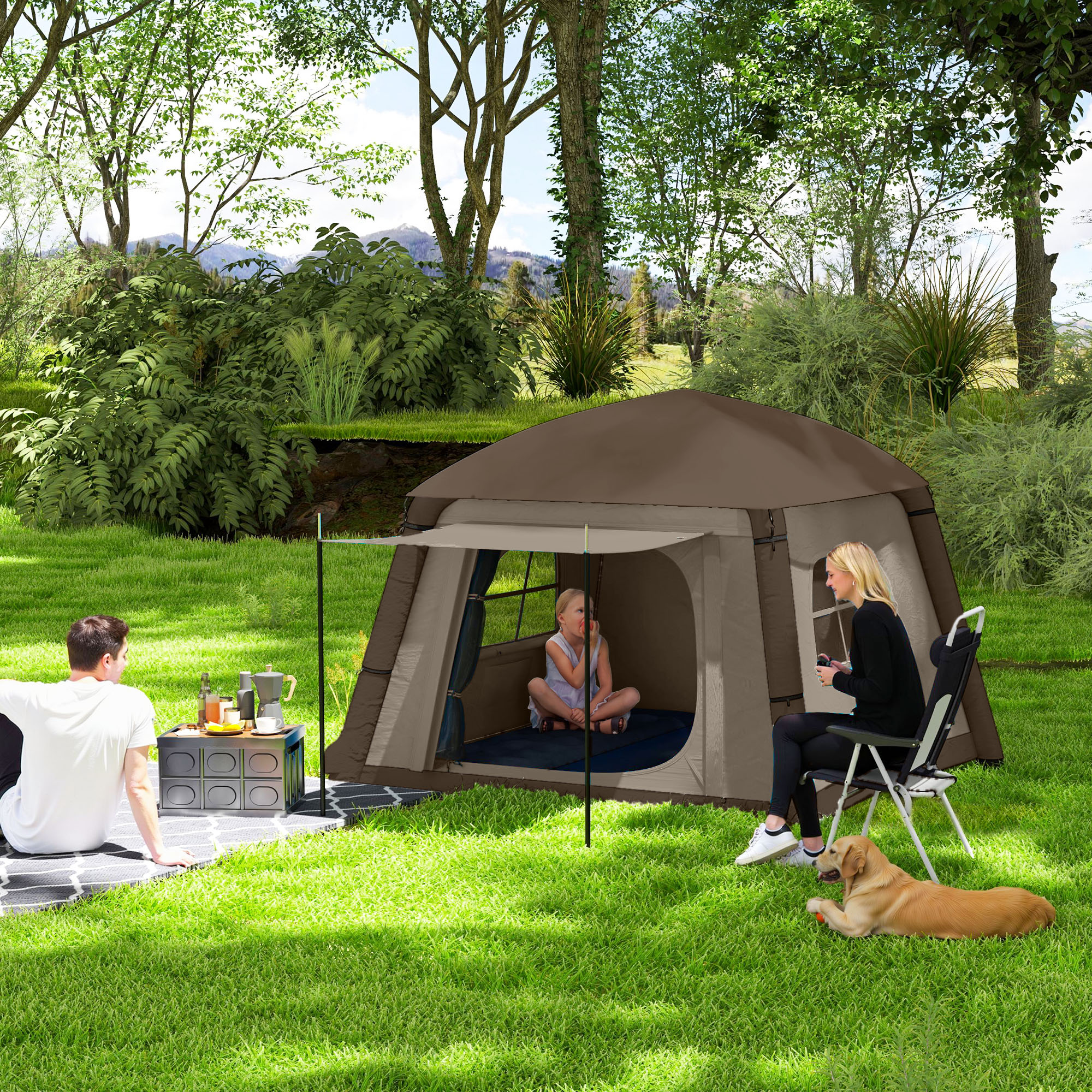 Outsunny Aufblasbares Campingzelt 1-2 Personen Outdoor Familienzelt mit Haken Luftpumpe Fenstern Türen für 4 Jahreszeiten