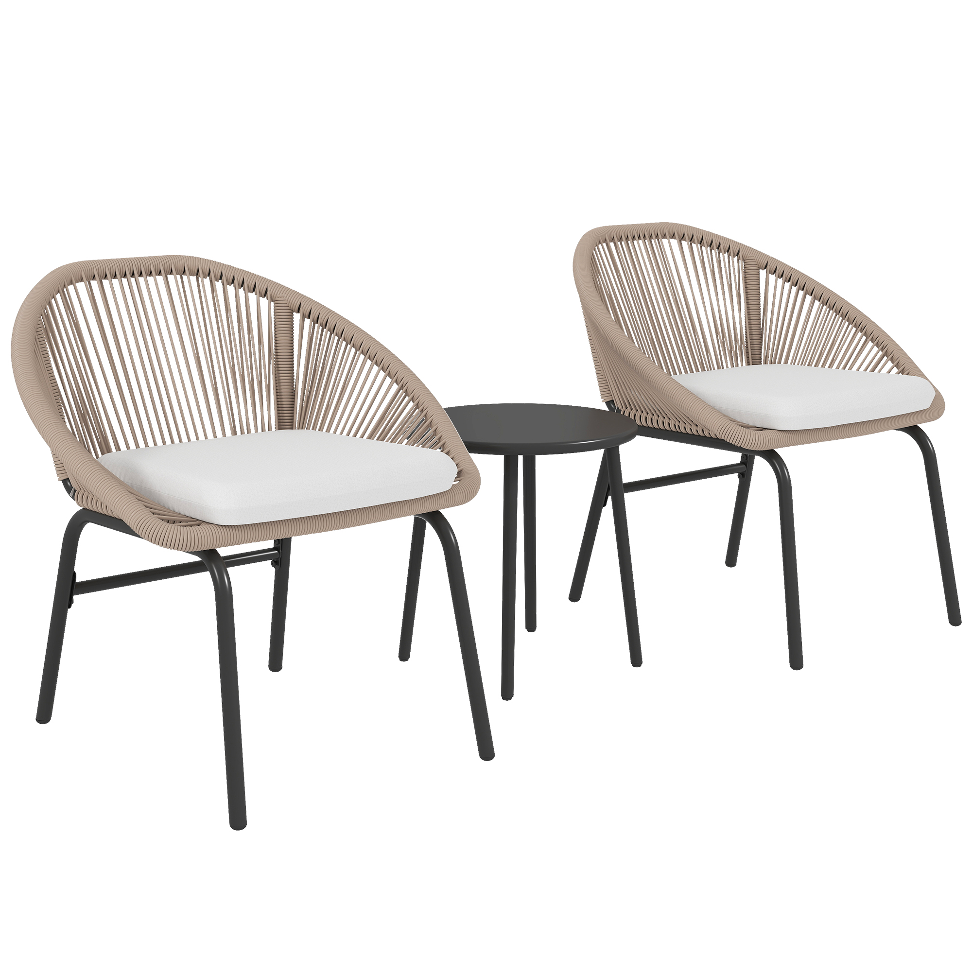 Outsunny Gartenmöbel-Set für 2 Personen mit weichen Sitzkissen aus geflochtener Rattan-Kordel und Epoxidstahl in Khaki