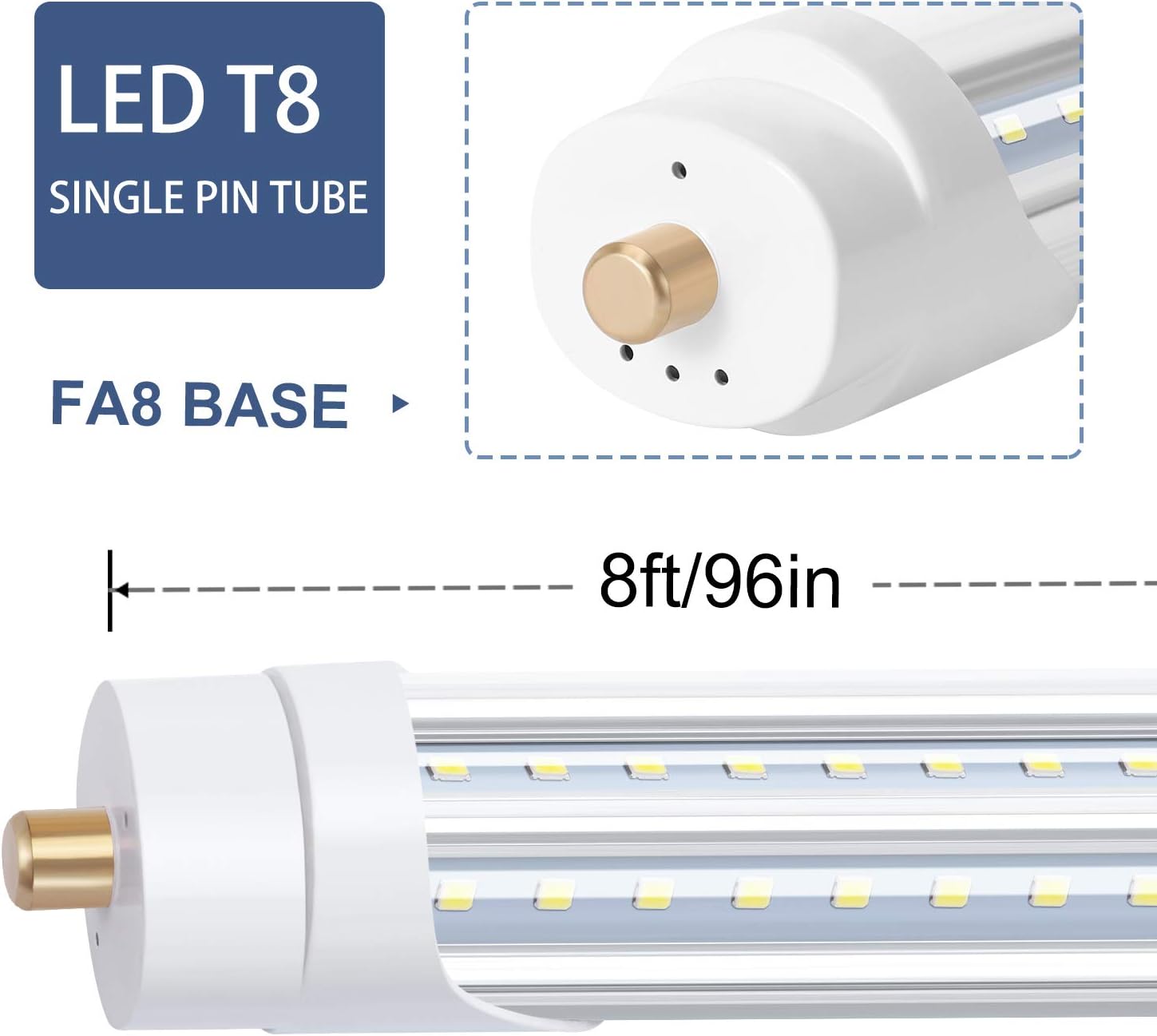 LED-Leuchtmittel, einpolig, V-förmig, 2,4 m, T8 T12 FA8 LED-Leuchtmittel, 90 W, 10000 lm, klare Abdeckung, Tageslichtweiß 5000 K, Vorschaltgerät entfernt, Leuchtstoffröhren-Ersatz, 10 Stück