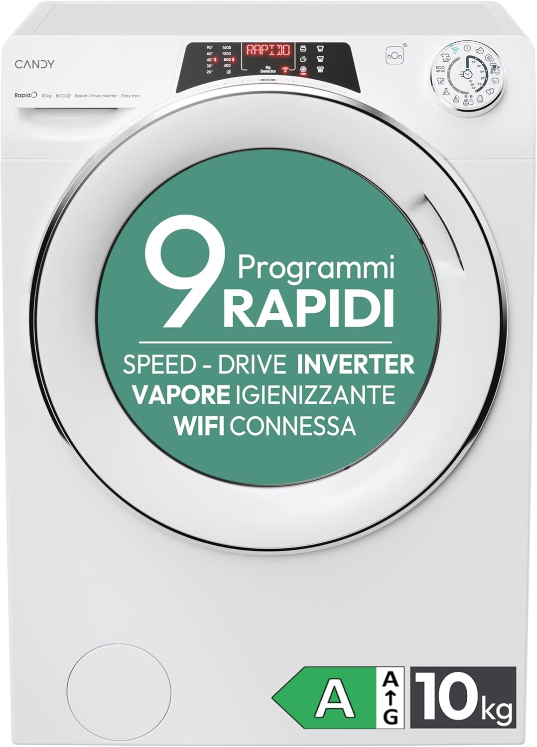 Candy RapidÓ Lavatrice 10 Kg, Libera Installazione, Carica Frontale, Classe A, 1600 Giri, 9 Programmi Rapidi, Funzione Vapore, Wi-Fi + BLE e App hOn, 60 x 58 x 85 cm, Bianca - RO 16106DWMCT/1-S