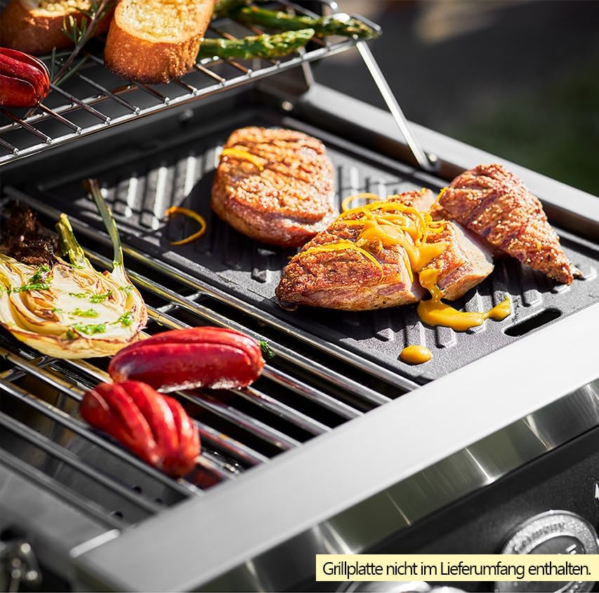 RÖSLE Gasgrill BBQ-Portable VIDERO G2-P, tragbarer Tischgrill mit 2 Edelstahlbrennern, Warmhalterost und Deckel mit Glaseinsatz sowie Deckelthermometer, pulverbeschichteter Stahl, 50 mbar, schwarz