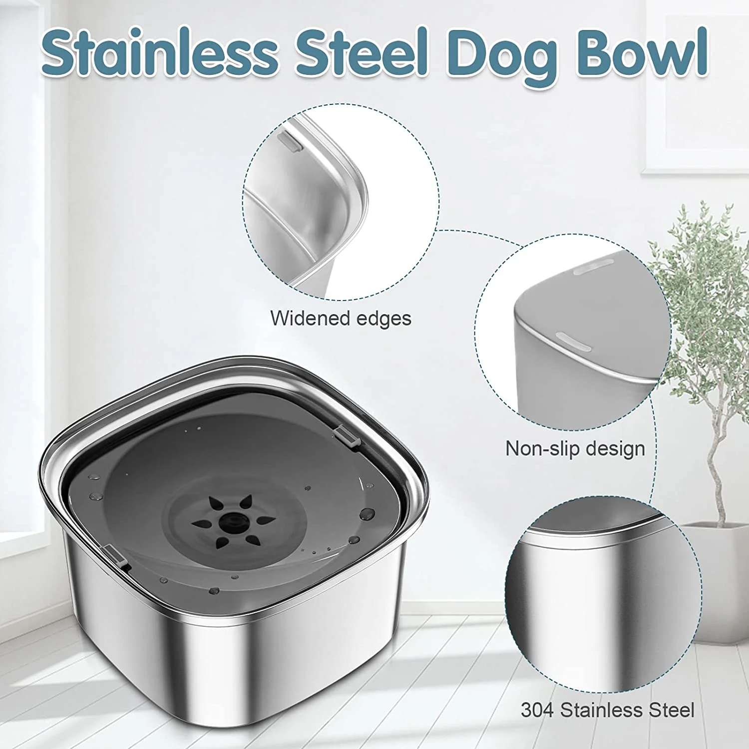 Spill-Proof Dog Water Bowl �C 304 Stainless Steel with Floating Disc & Filter
