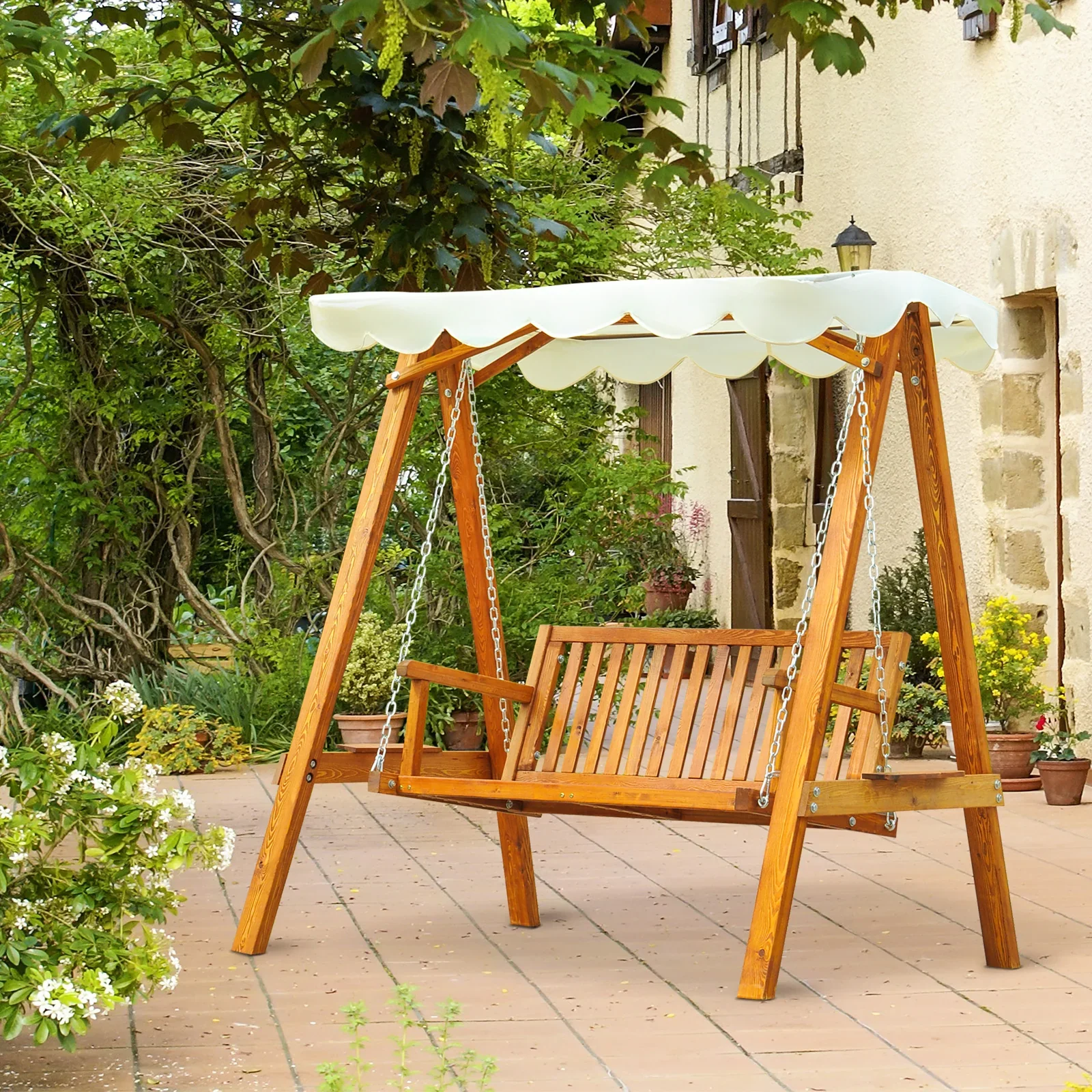 Outsunny Hollywoodschommel Tuinschommel 2-zits met zonnedak Lariks
