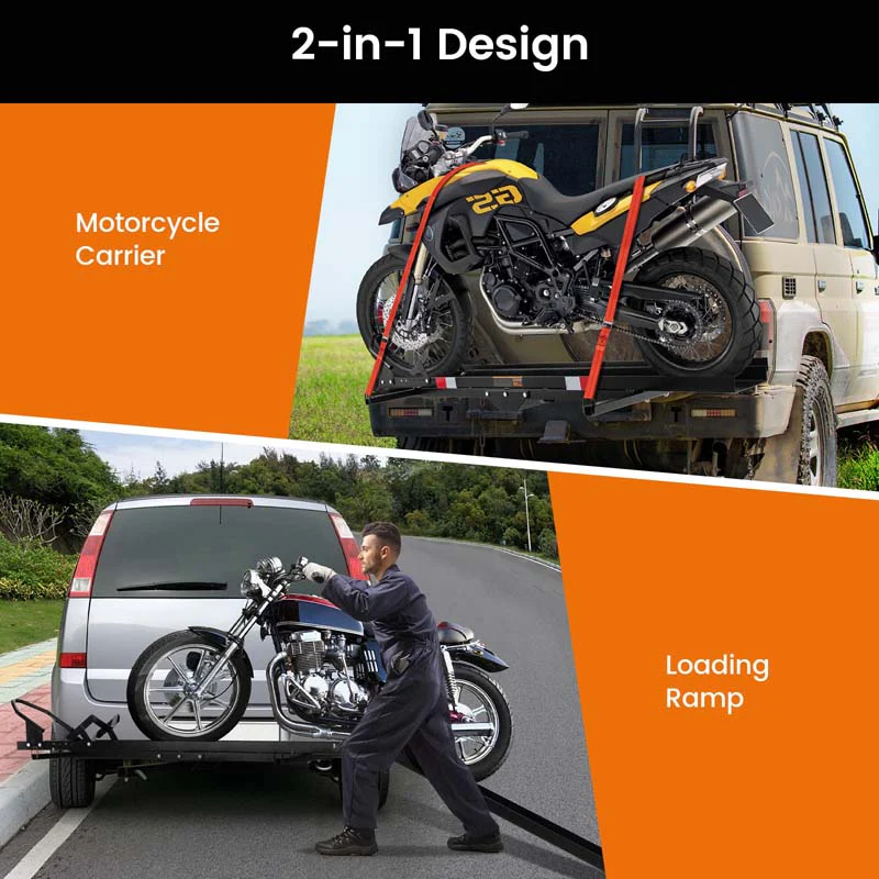 600Lbs Motorcycle Hitch Carrier Fit Up To 75Quot Wide Tire Motorcycle Carrier Hitch Mount Wloading Ramp Dirt Bike Trailer Heavy Duty Motorcycle Rack