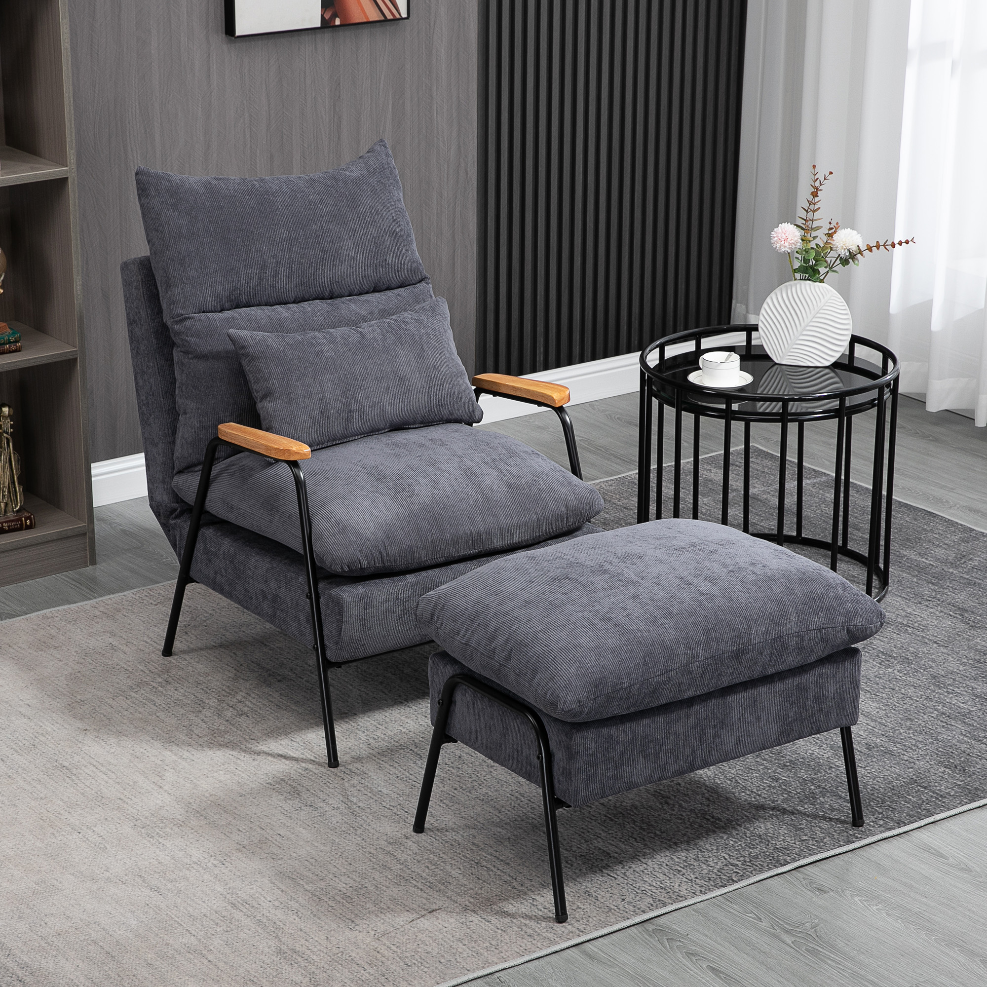 HOMCOM Sessel mit Ottomane, inkl. Kissen, 68 cm x 91,5 cm x 88 cm, Grau