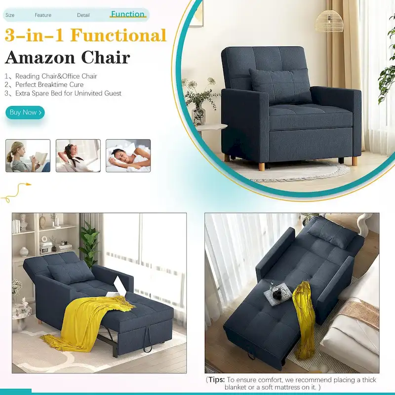 AECOJOY 3 in 1 Sleeper Sofa Chair w/ Pillow &Convertible Backrest