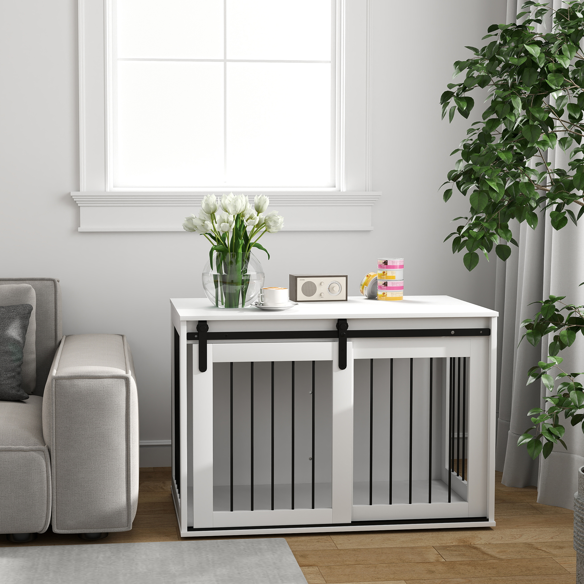 PawHut Hondenkooi met Schuifdeur, Ventilatie, Spaanplaat en Staal, 98 x 58 x 61 cm, Wit