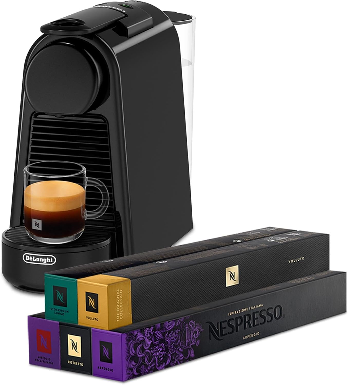 De'Longhi Nespresso Essenza Mini EN85.B + 5 confezioni diverse di capsule di caffè, Sistema Capsule Nespresso, Serbatoio acqua 0.6L, Design Compatto, Pressione 19 Bar, 1150W, Nera