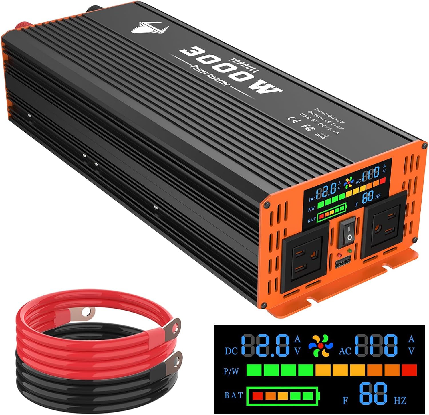 2000W/4000W Inverter 12V 220V Onda Pura Invertitore di Tensione Fotovoltaico DC AC per Camper Auto Convertitore di Potenza con LCD & Tipo-C e 2 presa AC e 1 Porte USB Transformatore con Telecomando