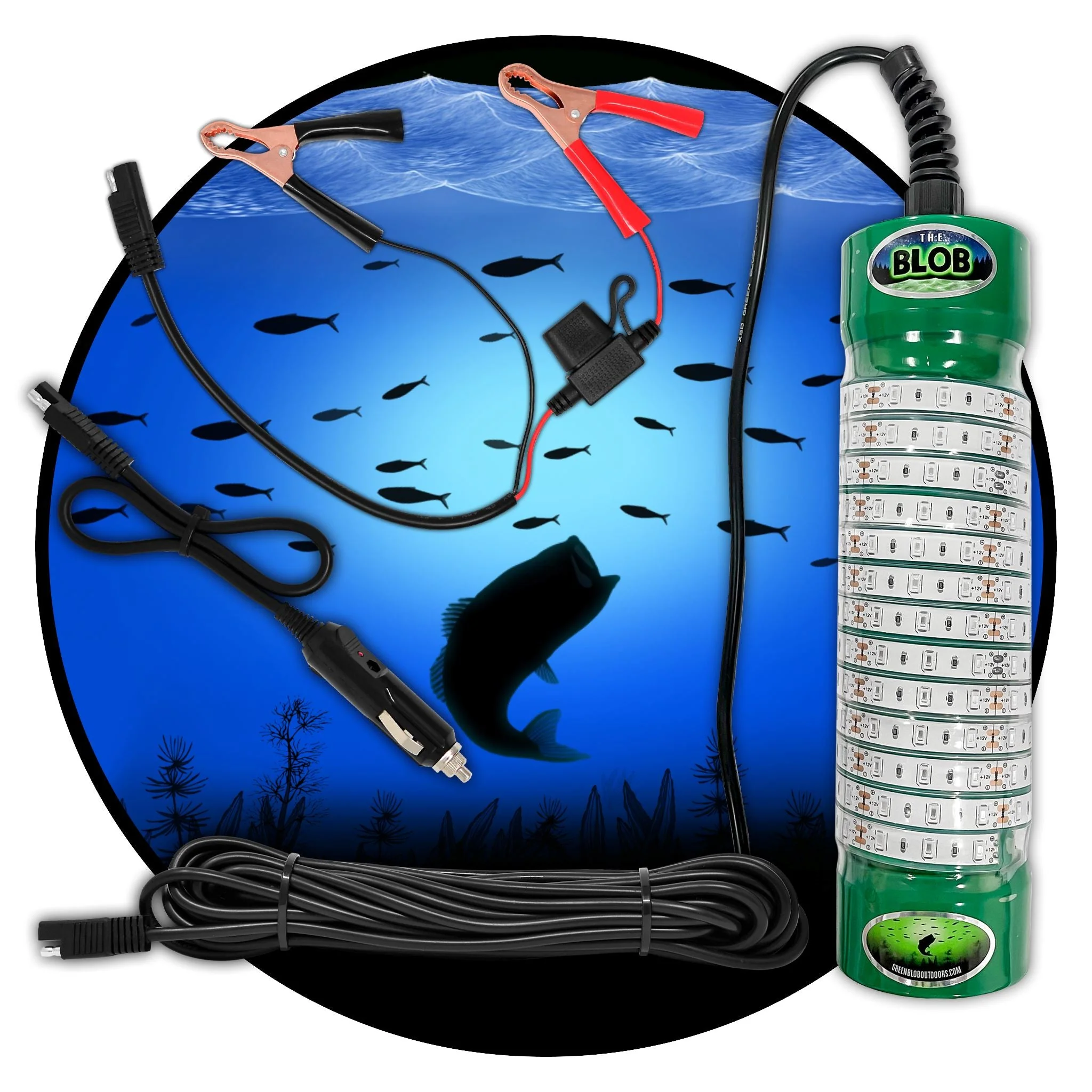 Green Blob Outdoors Underwater Fishing Light 7500 Lumen for Boats includes Alligator Clips & Cigarette Lighter  w/ 30ft Cord,