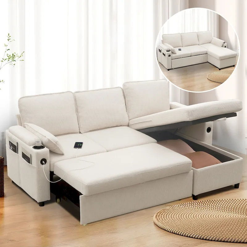 80 L-Shaped Sofa Couch Bed, Sofa Sleeper with Pull Out Bed, Reversible Sleeper Sofa Bed