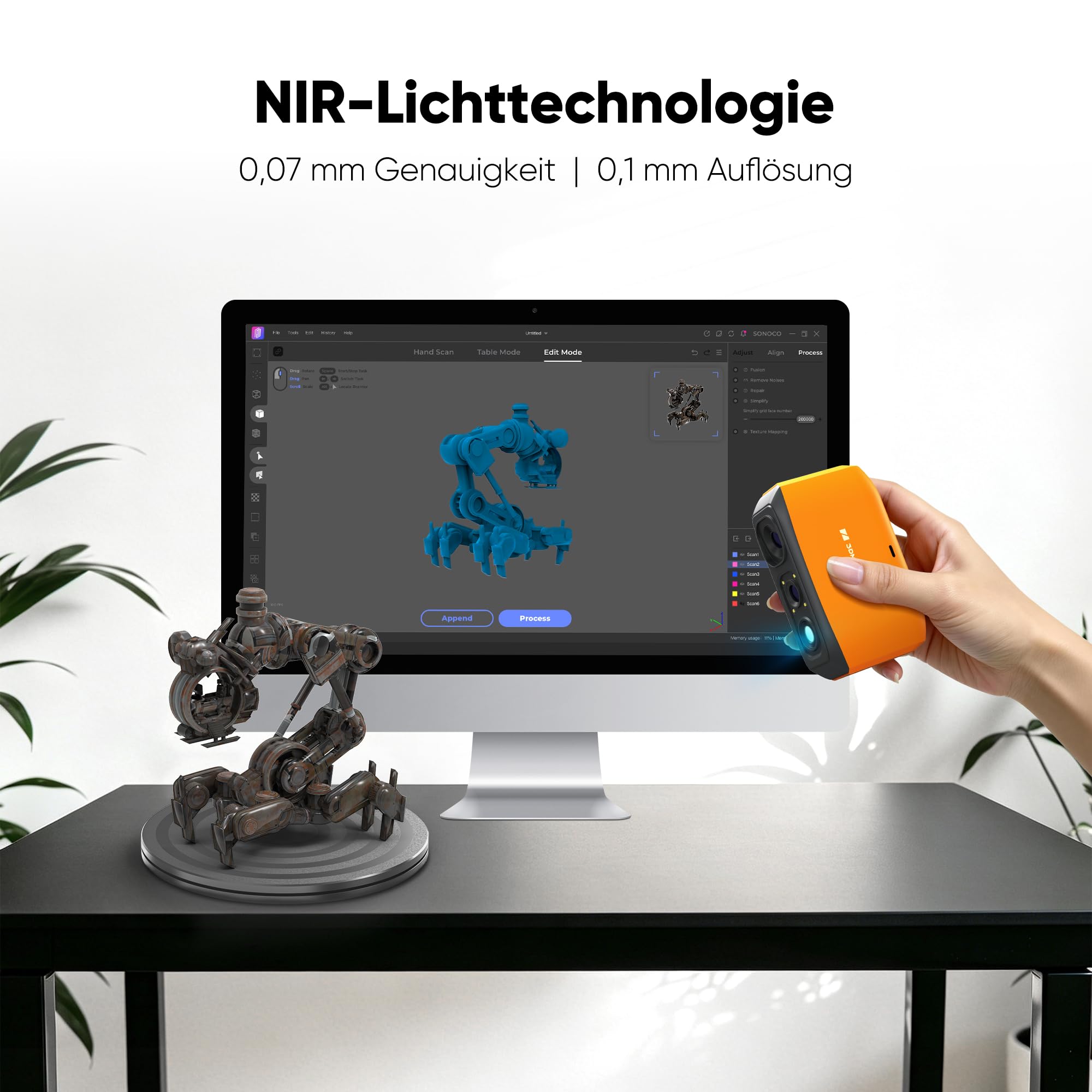 3D-Scanner Fox 0,07 mm Präzision 0,10 mm Auflösung KI-Tracking markerlos mit Drehteller und Netzteil