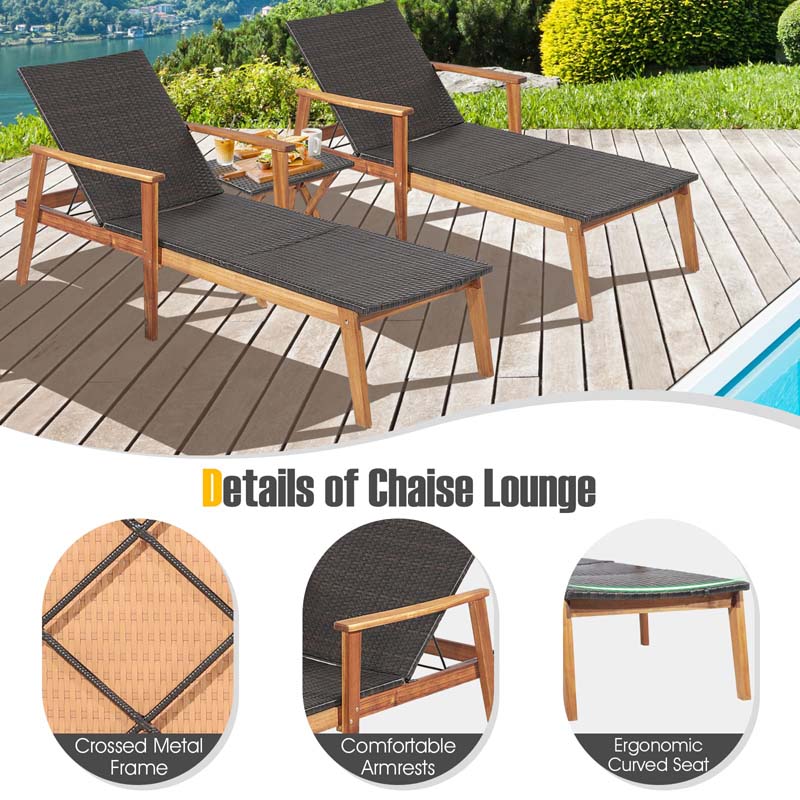Eletriclife 3 Pcs Patio Wooden Rattan Lounge Chaise Chair Set with Folding Table