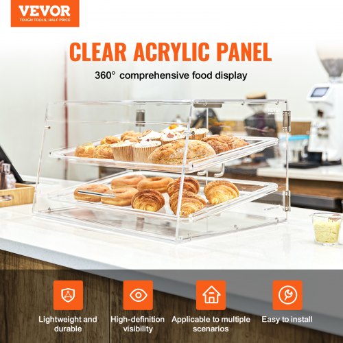 VEVOR 2-stöckige Gebäck-Vitrine,  Kommerzielle Tabletts 510 x 350 x 35 mm, Bäckerei-Vitrine, Acryl-Vitrine mit Zugang zur Hintertür und abnehmbaren Regalen, für Donut-Bagels, Kuchen, Kekse usw.