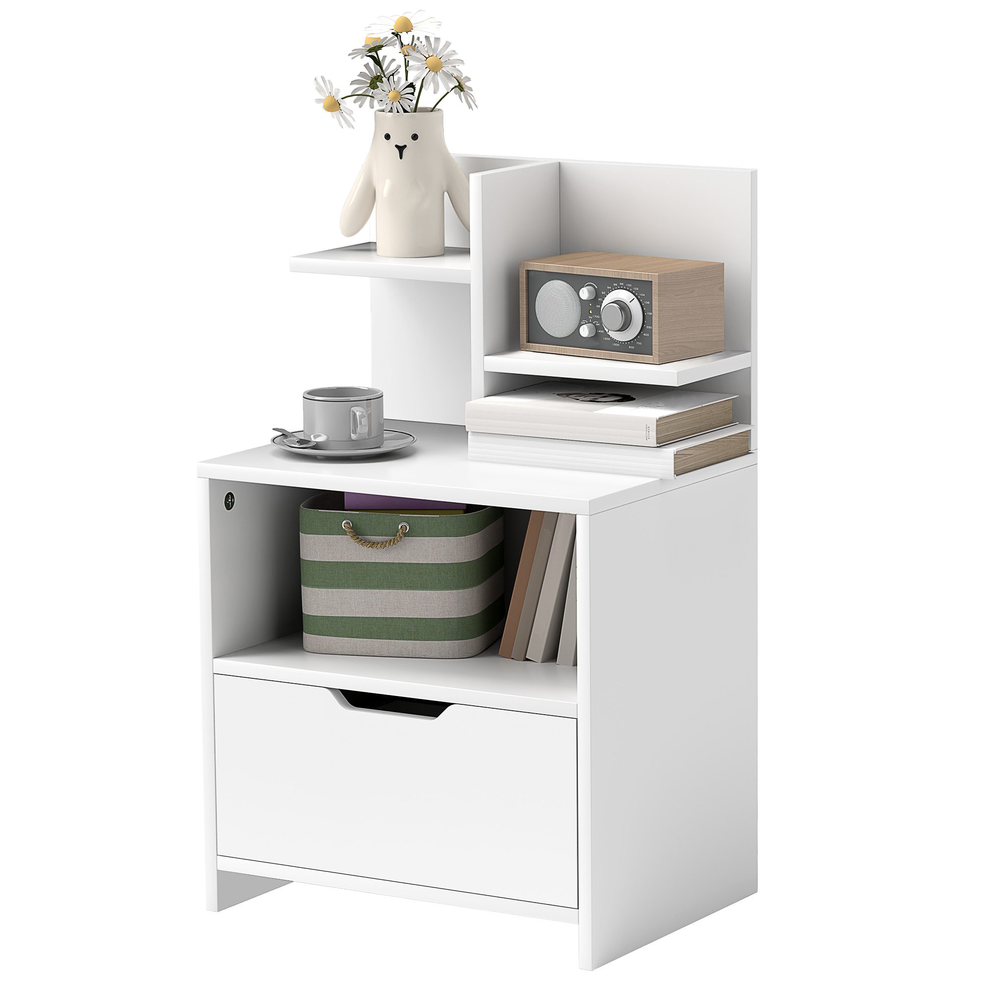 HOMCOM Nachttisch Beistelltisch mit Schublade, Nische und Regalen in Holzoptik 45 x 35 x 73 cm Weiß