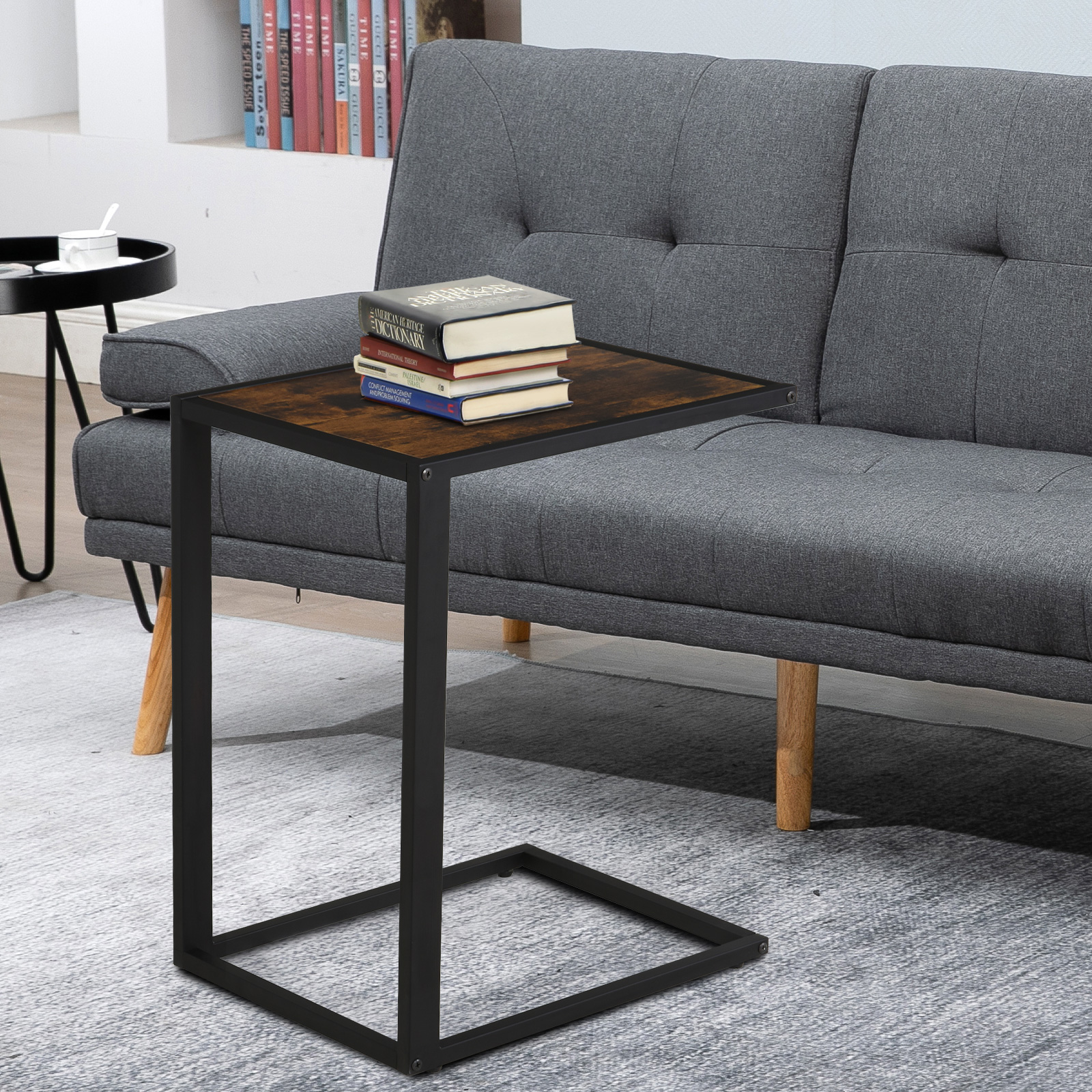 HOMCOM Beistelltisch in C-Form Kaffeetisch Couchtisch Laptoptisch für Schlafzimmer und Wohnzimmer kleiner Bereich mit Metallgestell Industrie-Stil Metall MDF Rustikal-Braun 40,6 x 50,8 X 64,2 cm