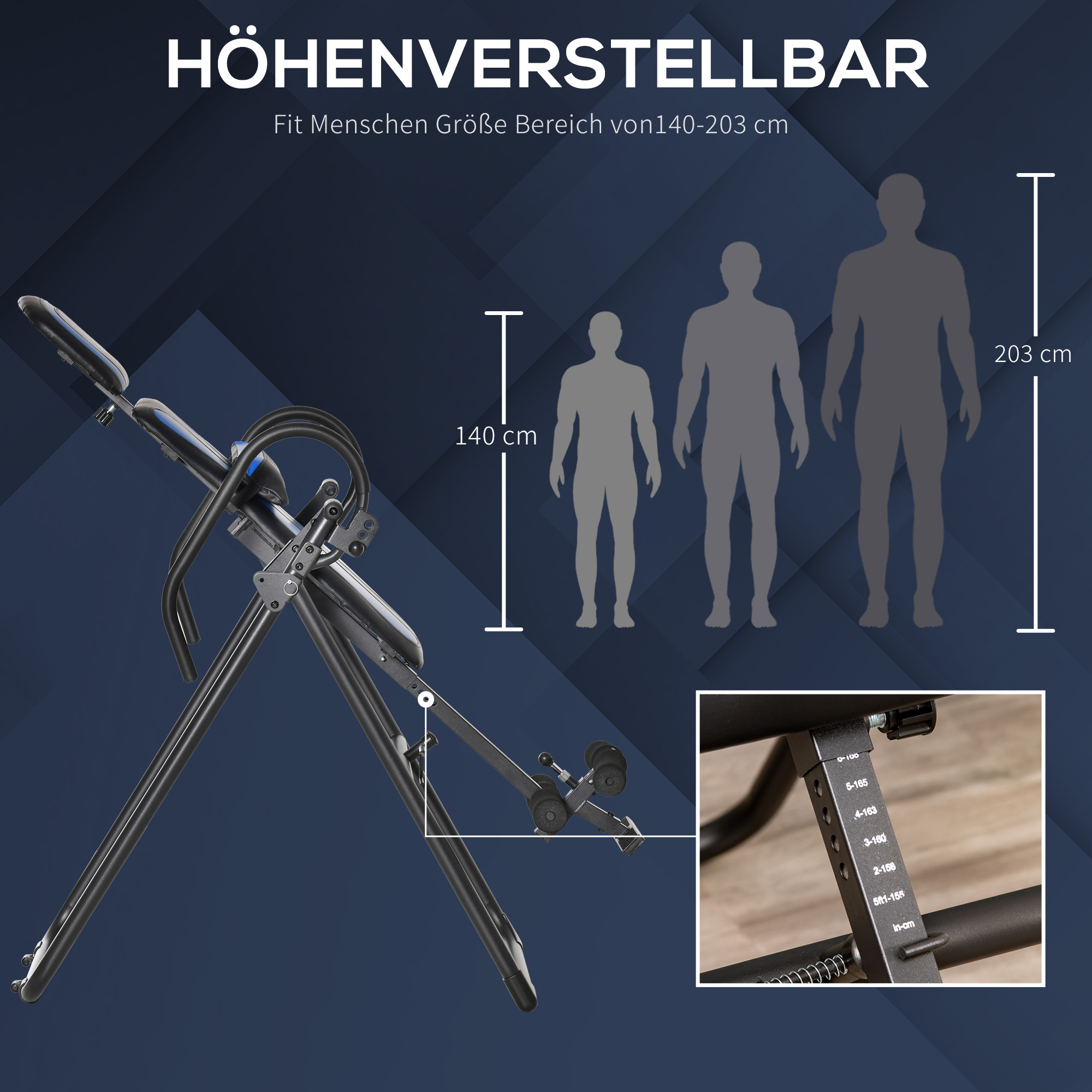 inversiebank opvouwbare zwaartekrachttrainer met twee beweegbare wielen set rugkussen metaal ABS zwart + blauw 132 x 71 x 145 cm