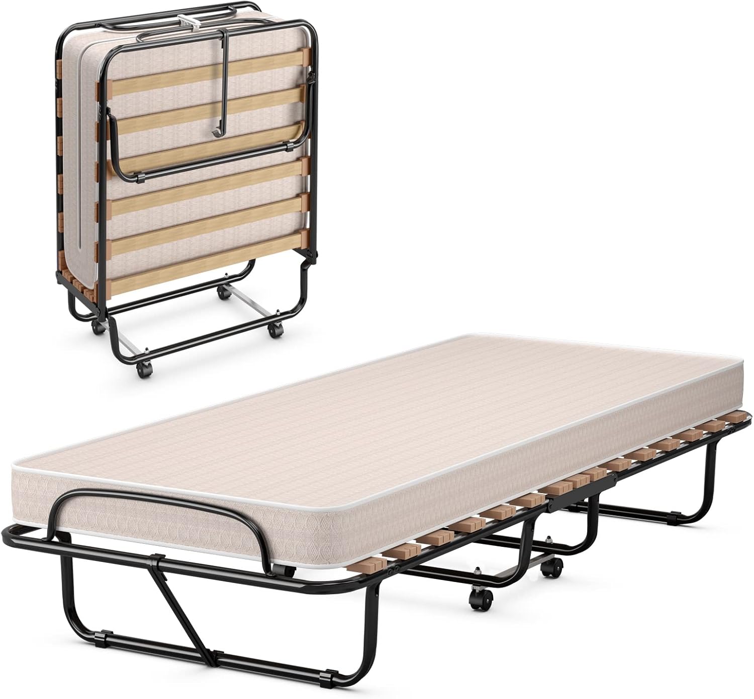 GOPLUS Gästebett 80x190 cm, Klappbett mit Matratze, Stahlrahmen, Einzelbett Erwachsene für Schlafzimmer& Büro (Beige)