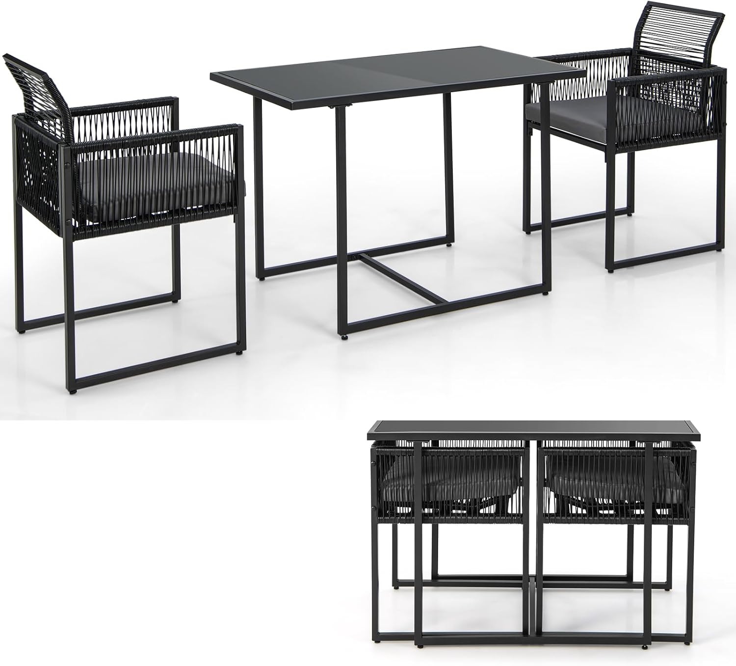 KOMFOTTEU 3 Piece Furniture Set, Table and 2 Chairs Set PE Rattan Dining Set with Folding Chairs, Removable Cushions, Glass Table for Garden, Patio, Terrace