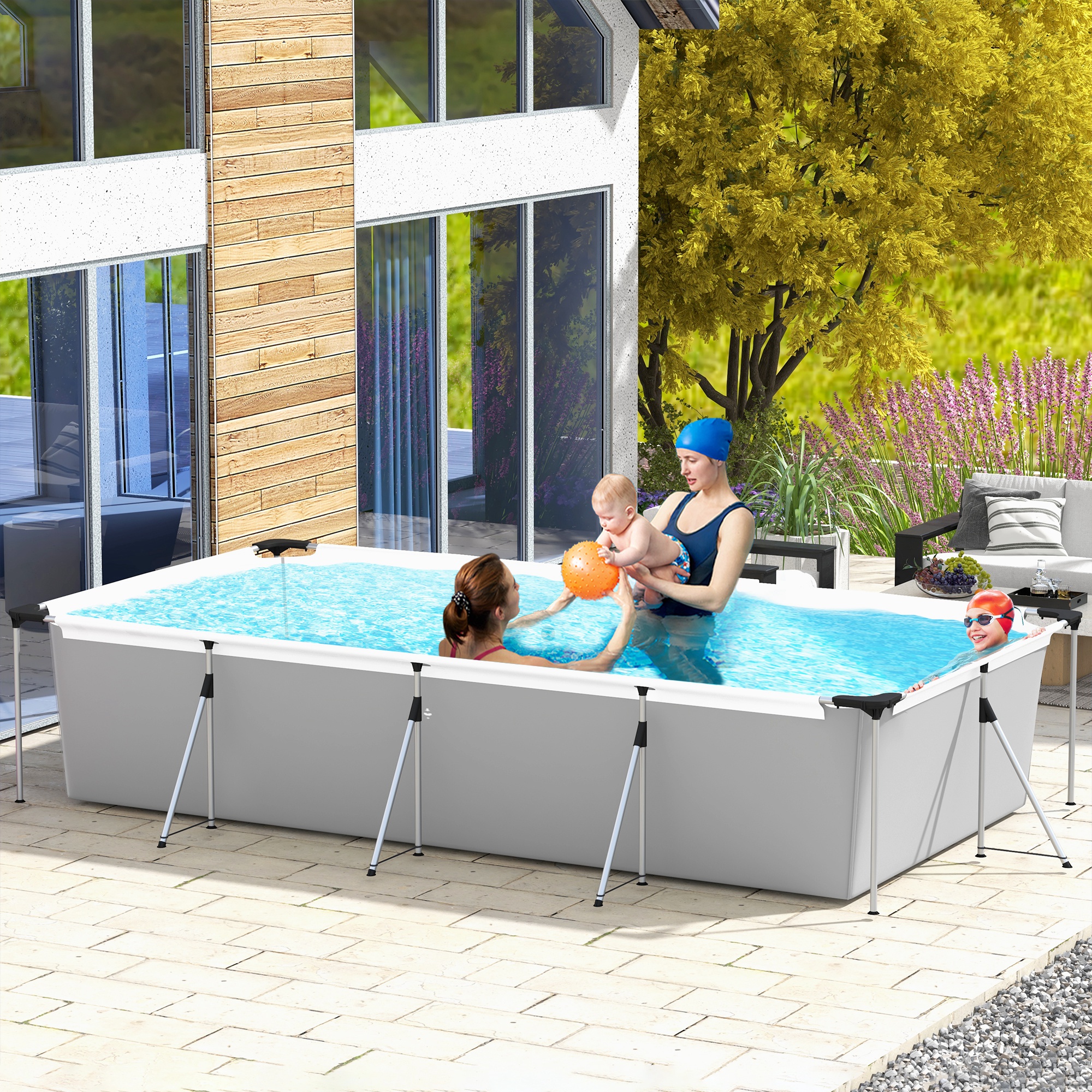Outsunny Aufstellpool Rechteckiger Stahlrahmen mit Filter, Pumpe und Reparaturset 472L x 282B x 80Hcm