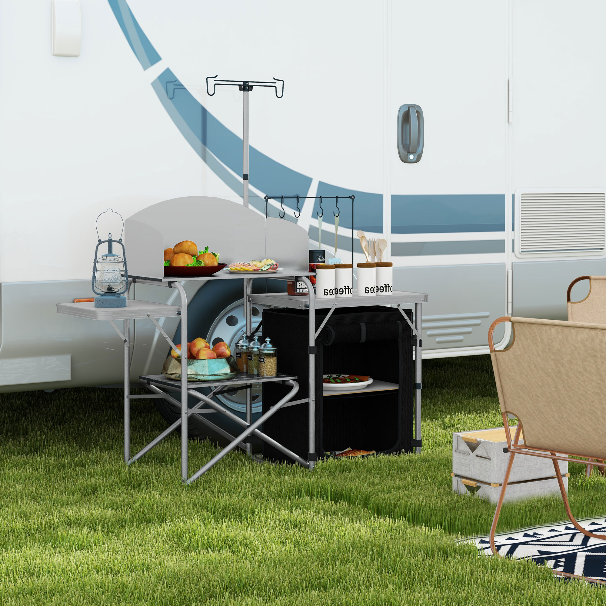Outsunny Campingmöbel mit Aufbewahrung für Camping, tragbarer faltbarer Outdoor-Küchentisch aus Aluminium mit Transporttasche