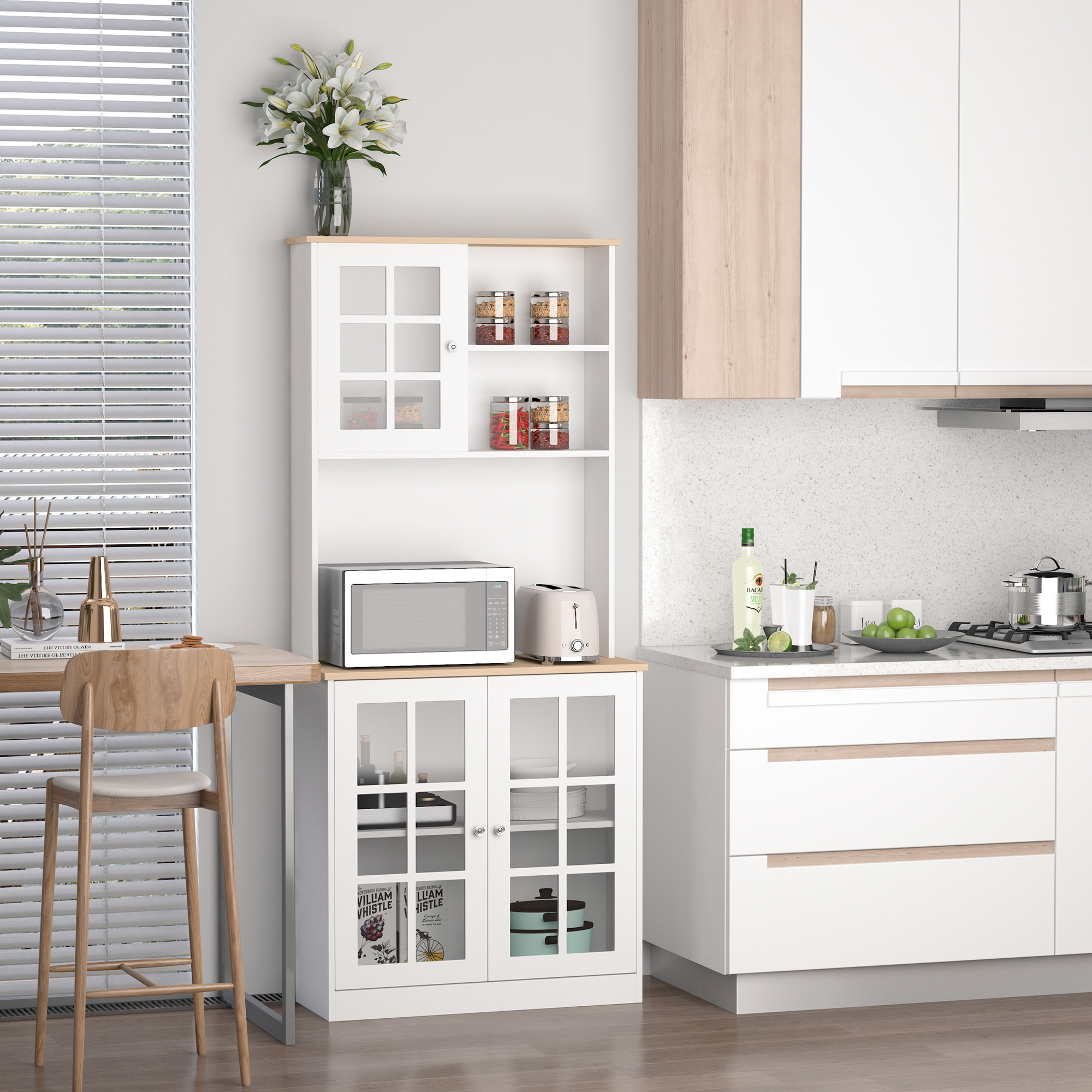HOMCOM Küchenbuffet, Küchenschrank-Vitrine mit vielen Stauräumen, 3 Glasfronten mit Regal, 2 Fächer, große Arbeitsplatte, MDF weiß Eiche