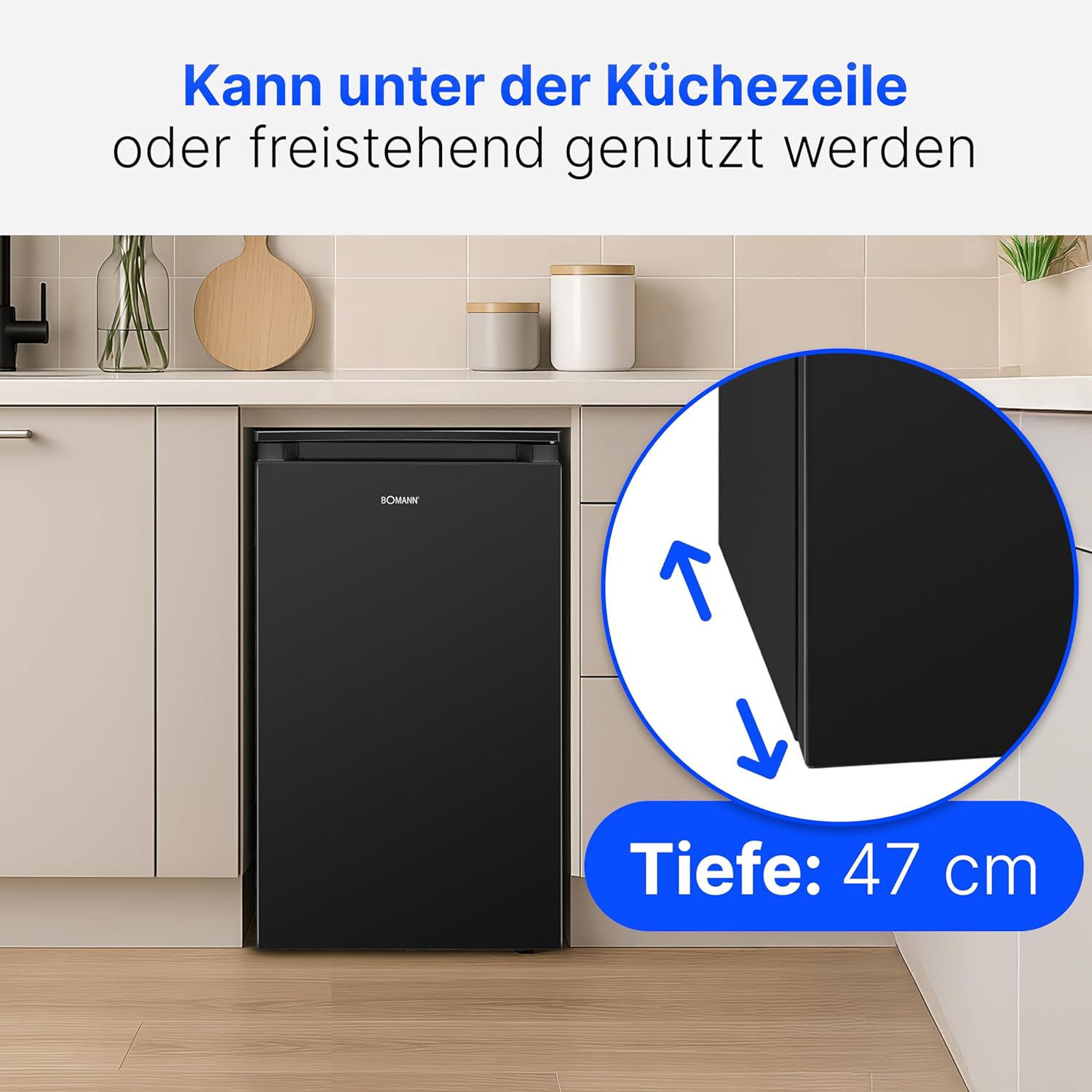 Bomann Kühlschrank ohne Gefrierfach 87L energieeffizient, leise  und  kompakt 0°C-8°C, stufenlos regelbar 3 Ablagen  und  Gemüsefach Türanschlag wechselbar Standardkühlschrank VS 7255 schwarz