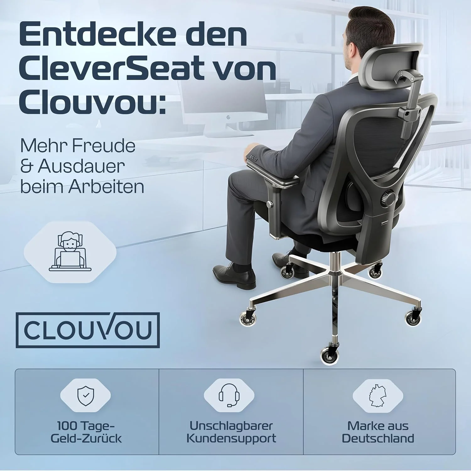 CLOUVOU Ergonomischer Bürostuhl mit verstellbaren Armlehnen und Kopfstütze