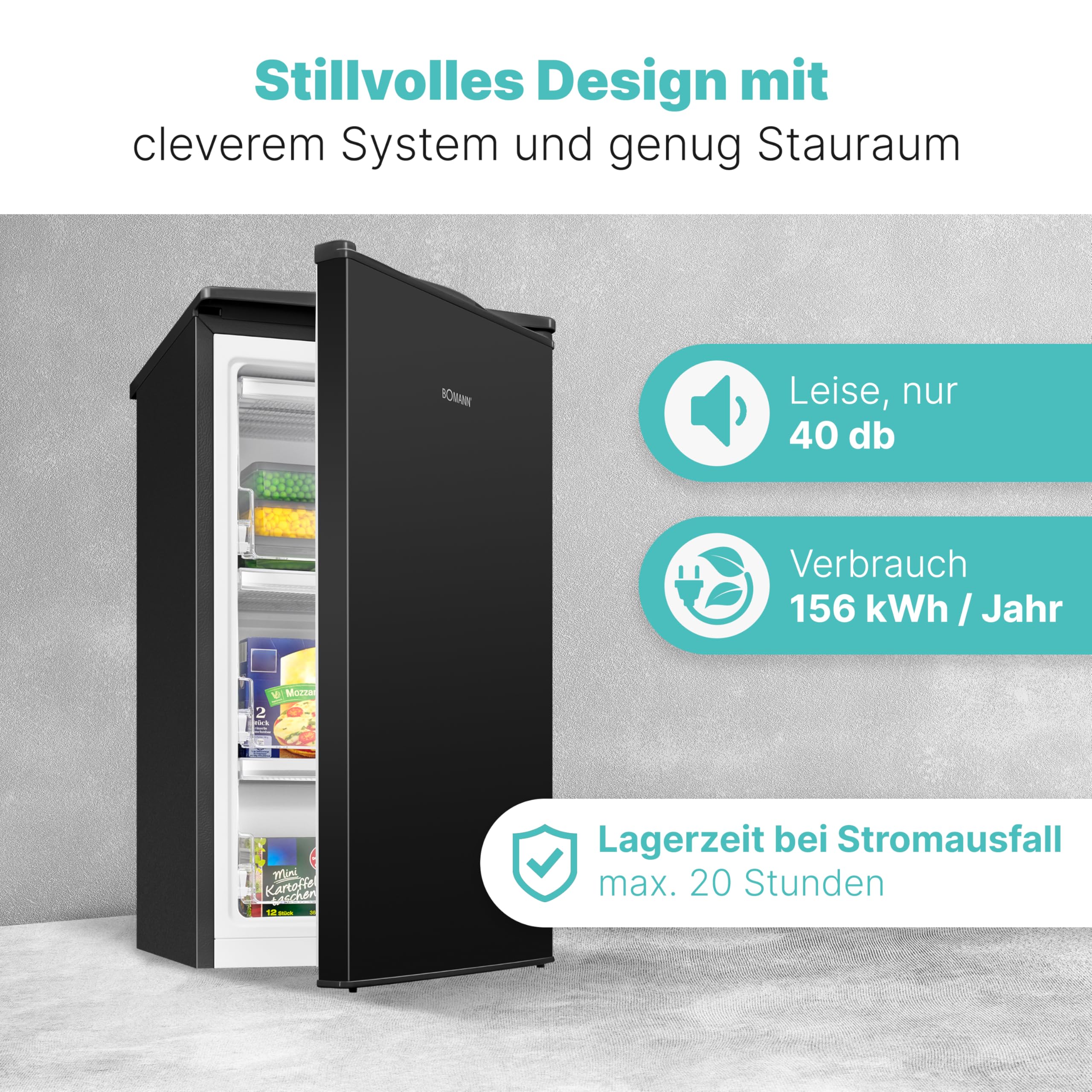 Gefrierschrank 60 L mit 4-Sterne-Gefrierfach, GS 7256, 3 Fächer, leise, wechselbarer Türanschlag, schwarz