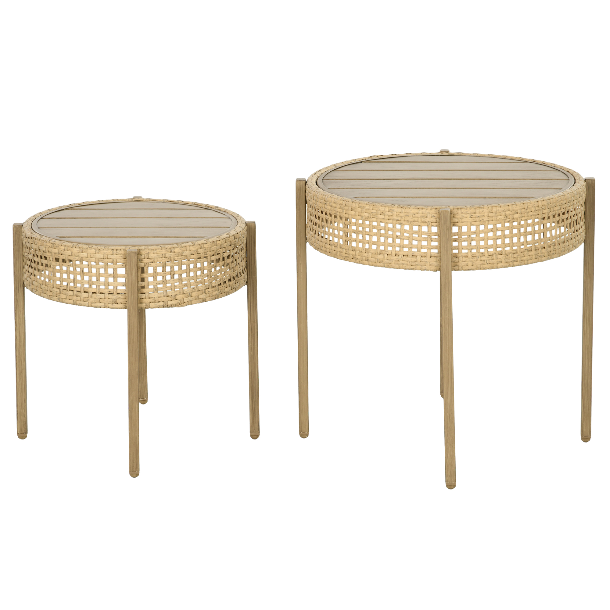 Outsunny Ensemble aus 2 runden Beistelltischen für den Innen- oder Außenbereich - Beistelltische aus PE-Rattan-Effekt im Boho-Stil