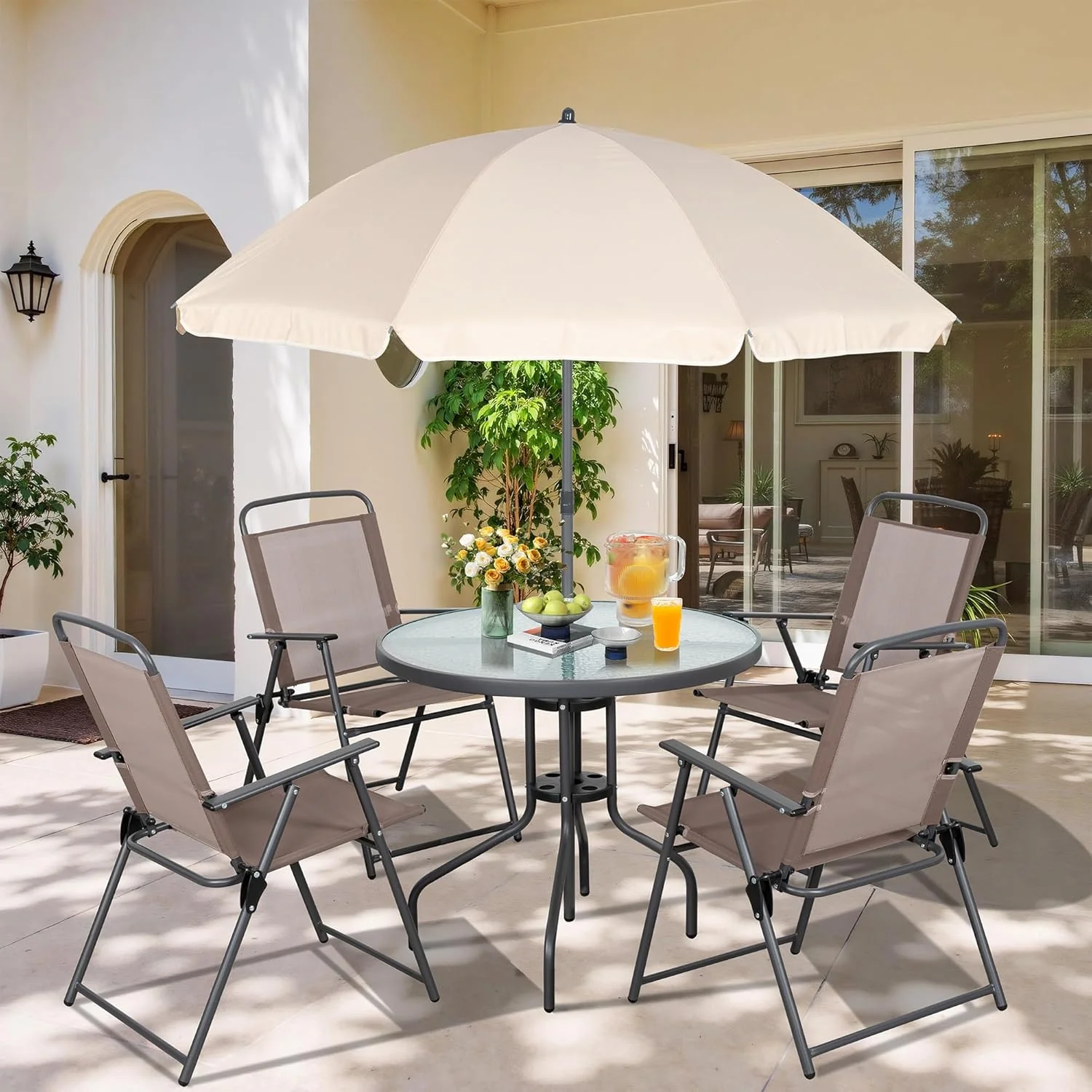 Vongrasig 6 Piece Folding Patio Dining Set.Small Metal Outdoor Garden Patio Table and Chair Set w/Umbrella for Lawn.Deck.Backyard.Black