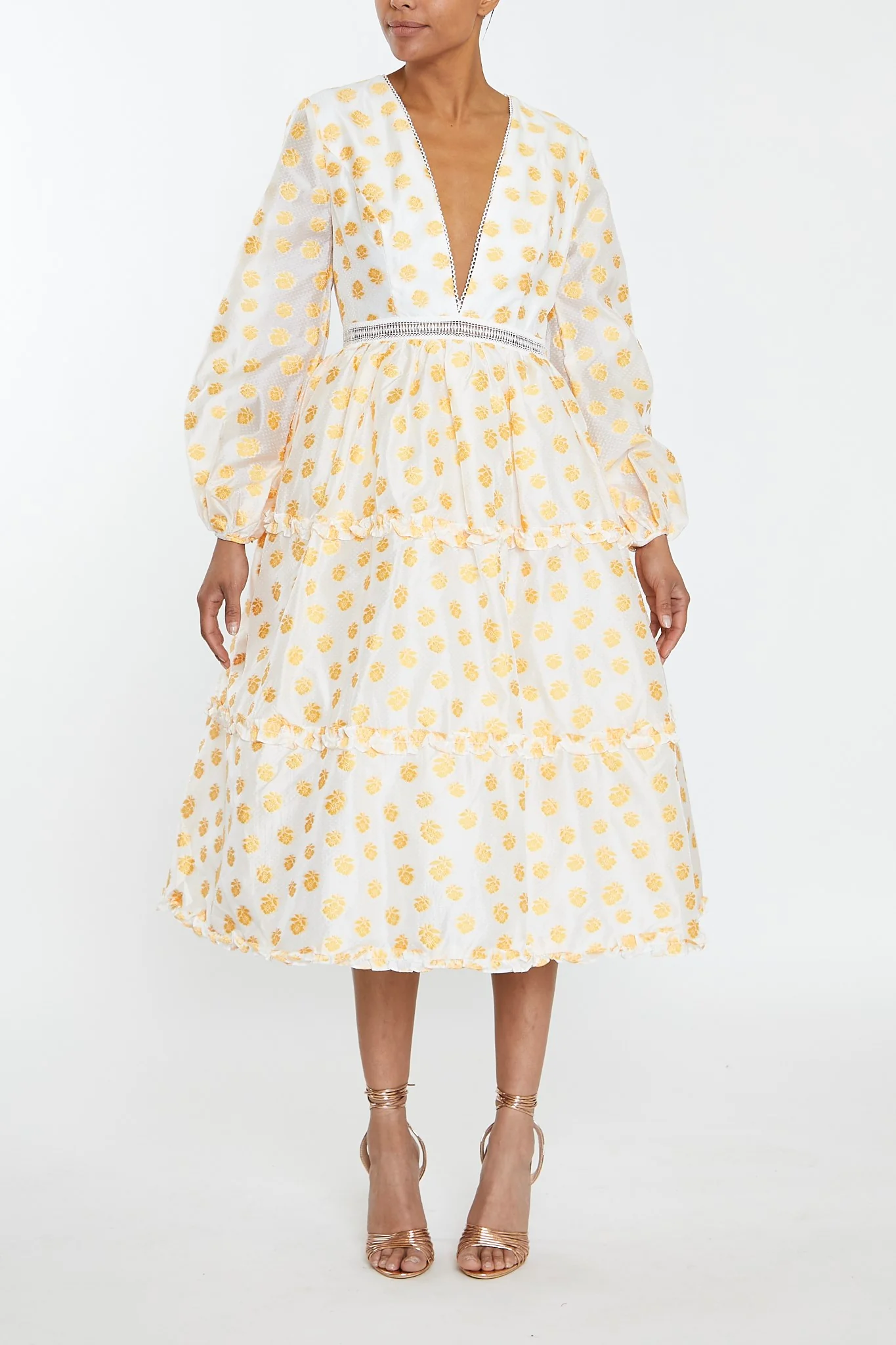Sunny Cream Mustard Jacquard Tiered Plunge Front Midi Dress
