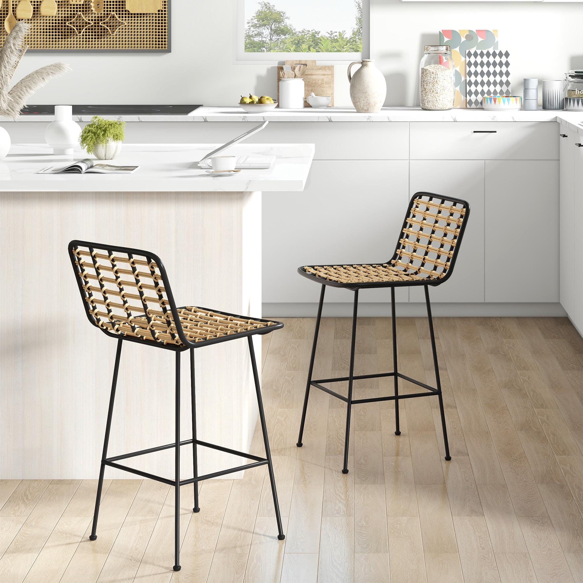 HOMCOM Lot de 2 Tabourets Barhocker Design Bohème Höhe 66 cm mit schwarzer Stahl-Fußstütze und PE-Rattansitz