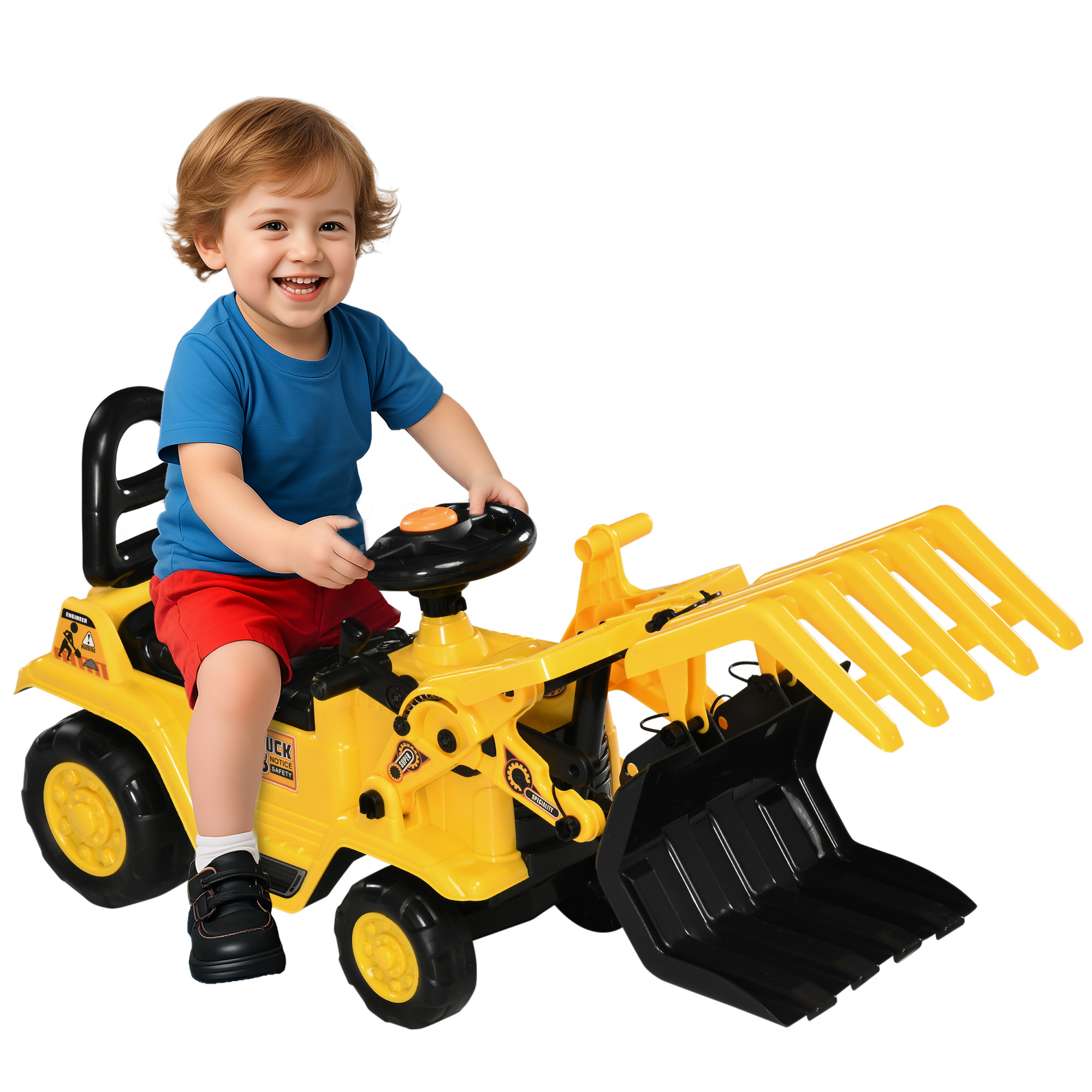 HOMCOM Aufsitzbagger, mit Kralle, Hupe, Sound-Effekten, Stauraum, Kippschutz, für Kinder 2-4 Jahre