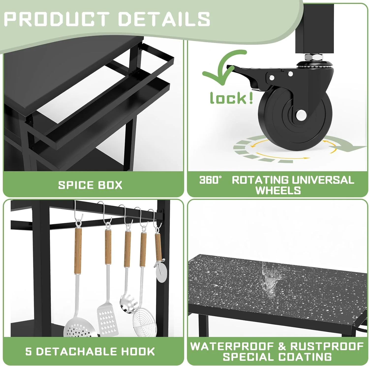 Outdoor Grill Table 32"x 20"   Movable Grill Cart with Utensil Hooks